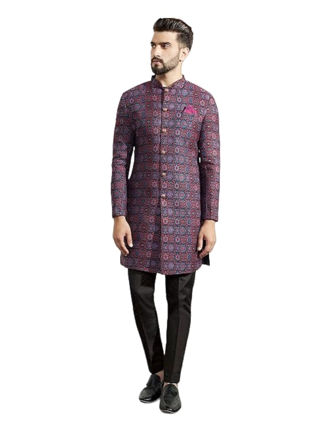Kisah Men's Indo-Western Sherwani Trouser Set, Multi Jacquard, Woven Design Regular Fit Mandarin Collar Full Sleeves, 36