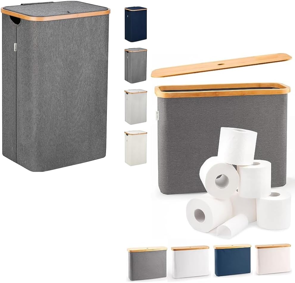 Cesta de lavandería gris con tapa  XL 100 L  Cestas grandes para lavandería con asas  Contenedor alto de bambú para ropa sucia  Cesta de papel