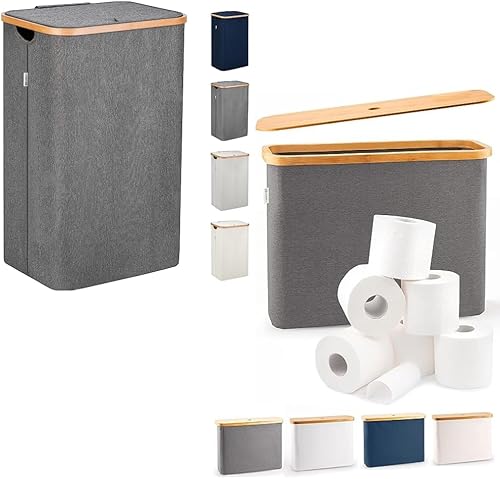 Cesta de lavandería gris con tapa XL 100 L Cestas grandes para lavandería con asas Contenedor alto de bambú para ropa sucia Cesta de papel