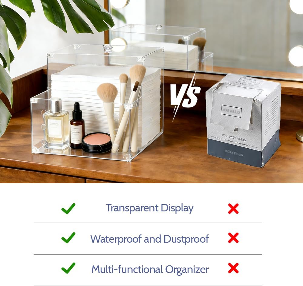 Disposable Face Towel Holder Compatible with Clean Skin Club Towel XL | Puretalon Facial Towel Holder for Bathroom Storage, Clear Skin Care Organizer with Side Storage Box for Bathroom
