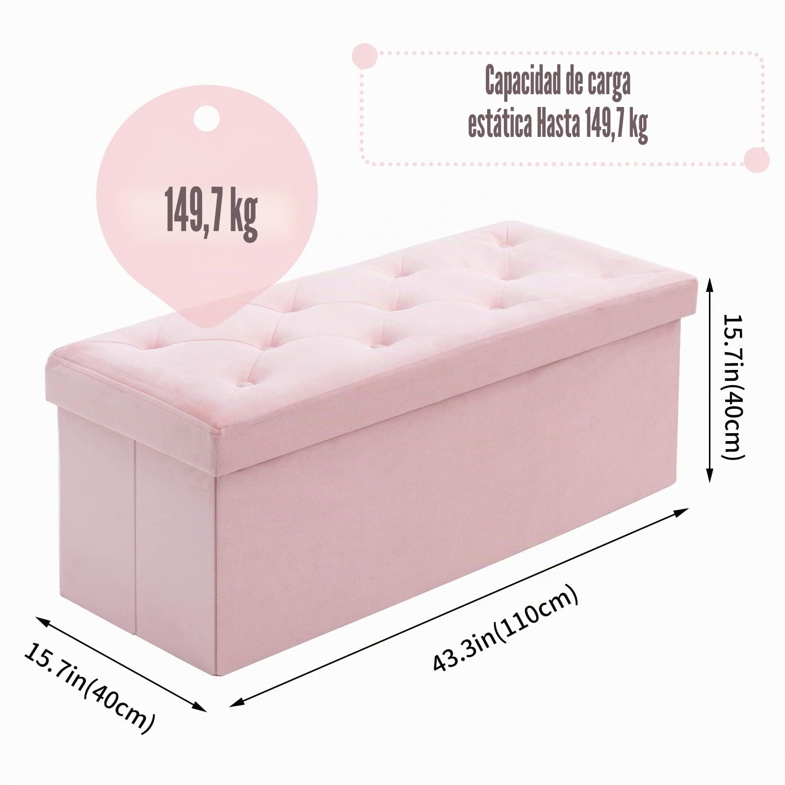 BRIAN & DANY Puff Almacenaje Plegable - Banco Almacenaje con Tapa, Taburete Baúl Multifunción para Dormitorio, Salón o Pasillo, 110 x 40 x 40 cm, Rosa