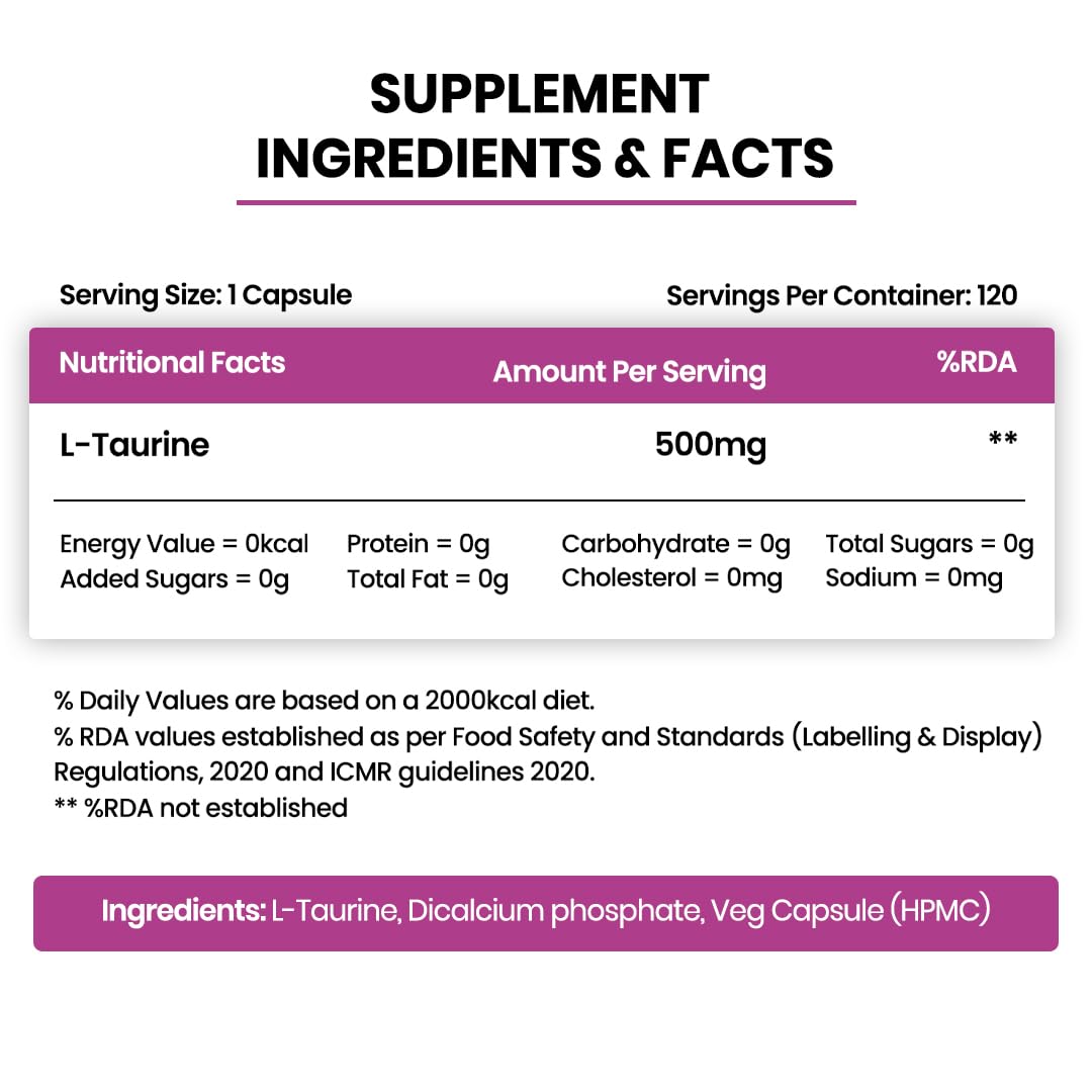 Vlado's Himalayan Organics L-Taurine 500mg | Amino Acid Supplement for Athletic Performance | Support Muscle Recovery | Improve Performance | Promotes Vision & Nerve Health - 120 Veg Capsules - Image 2 thumbnail
