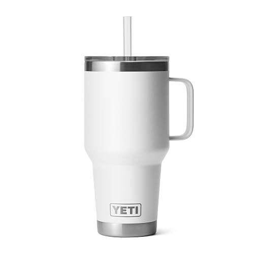 YETI Rambler 35 oz Tumbler with Handle and Straw Lid, Travel Mug Water Tumbler, Vacuum Insulated Cup with Handle, Stainless Steel, White