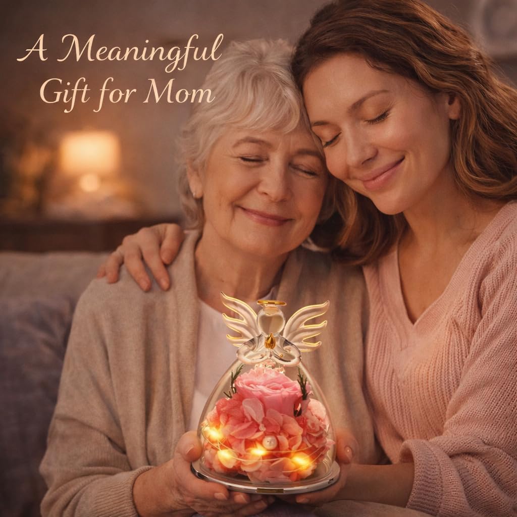 Angel Gifts for Women Mom Grandma, Preserved Rose Forever Flower in Glass Angel Figurine with LED Lights, Birthday Gifts for Mom from Daughter, Anniversary Valentine's Day Gifts for Friend Her Wife