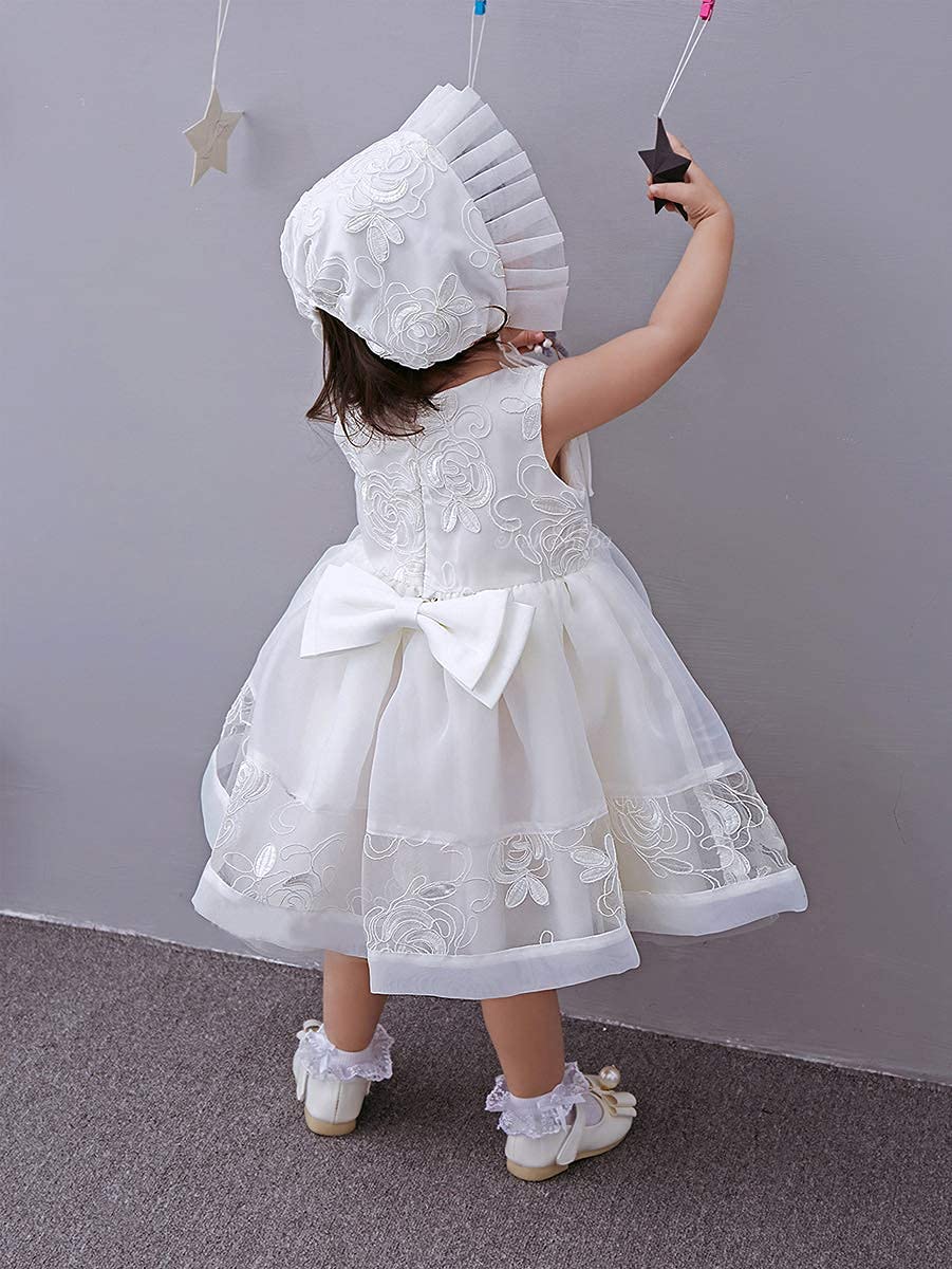 Carolilly Vestito Battesimo Bambina Neonata Abito in Pizzo Bianco 3 Pezzi Coprispalla Elegante+Abito Bianco+Cappello Cerimonia Matrimonio