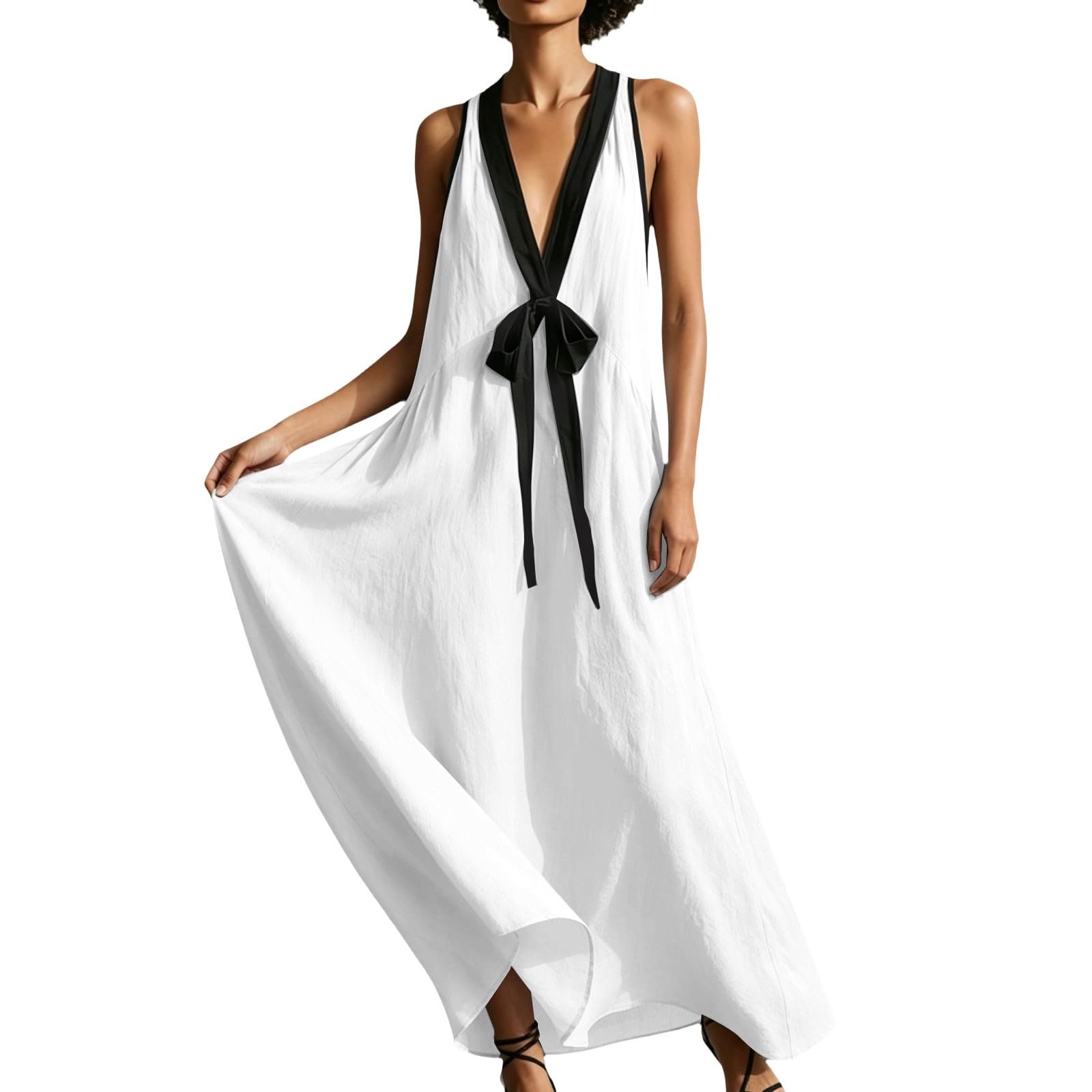 Générique Robe Boheme Chic Bretelles Spaghetti Coton Boheme Robe à Bretelles Elegant Chic Robes Lin sans Manches DéContracté Quotidien Boho Plage Vacances Vacances