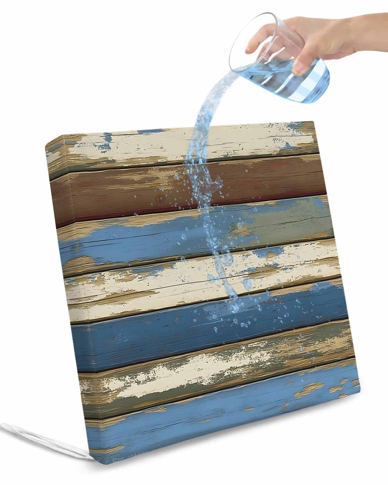 2 Pack Blue Brown Plank Waterproof Cushion Covers with Ties, Outdoor Patio Chaise Lounge Chair Seat Cushion Slip Covers Replacement(Only Cover) Vintage Shabby Wooden Grain 22