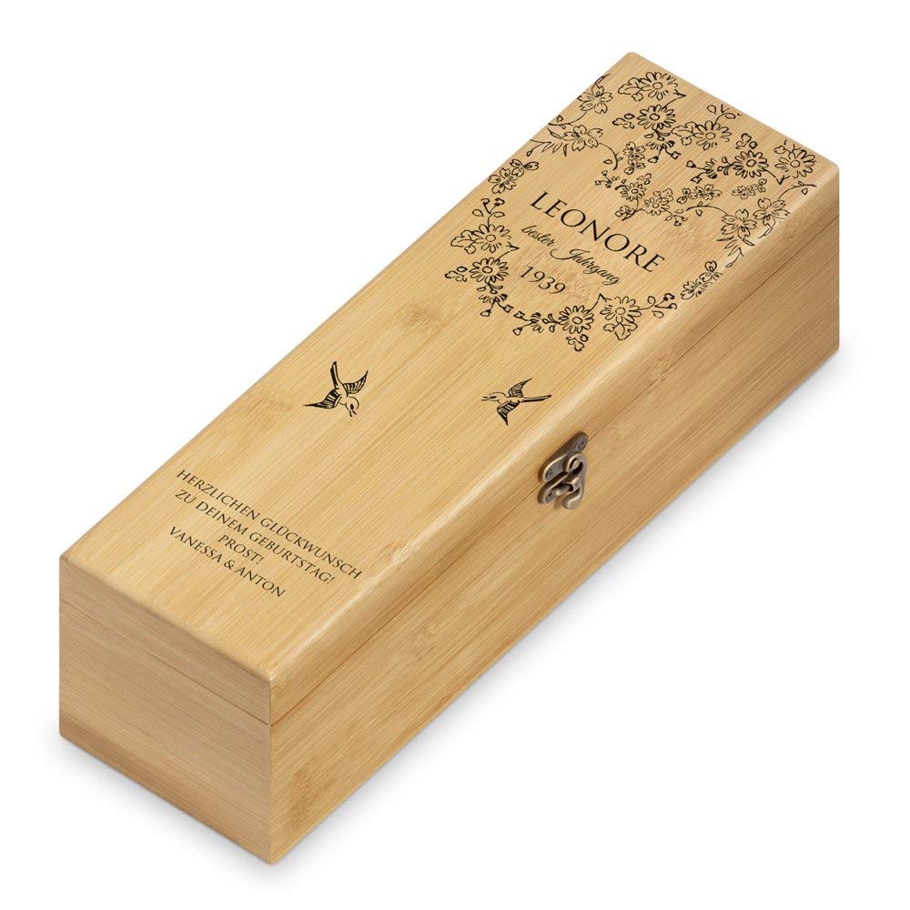 Maverton Weinbox für 0,7L Weinflasche - Wein Holzbox personalisiert + 4er Weinzubehör - Weinset Weinkiste - aus Bambus - Braun - Geschenk zum Geburtstag für Frauen - Bester Jahrgang