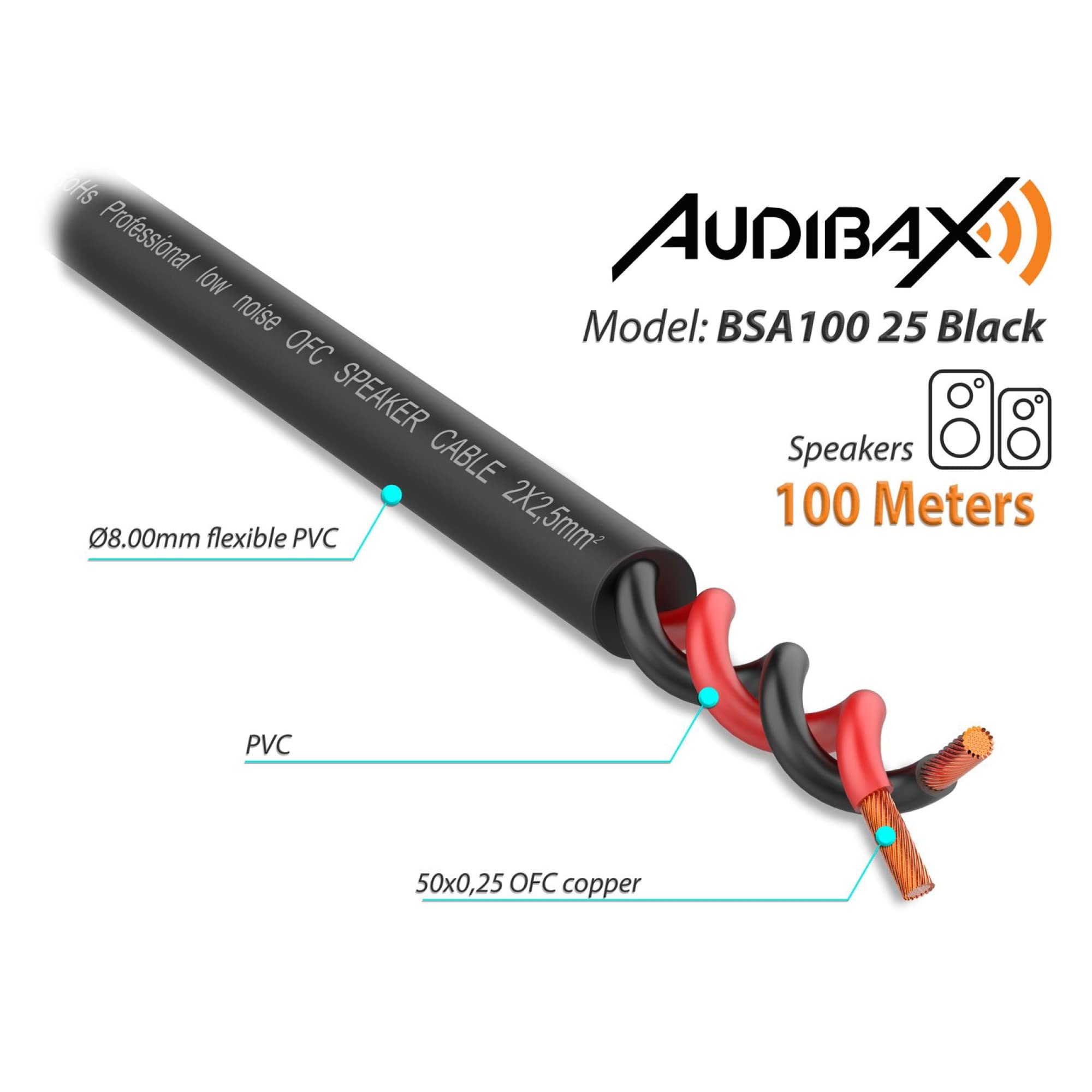 Audibax Silver BSA100 25 Black Bobina Cable Altavoz 100 Metros 2 X 2.5mm