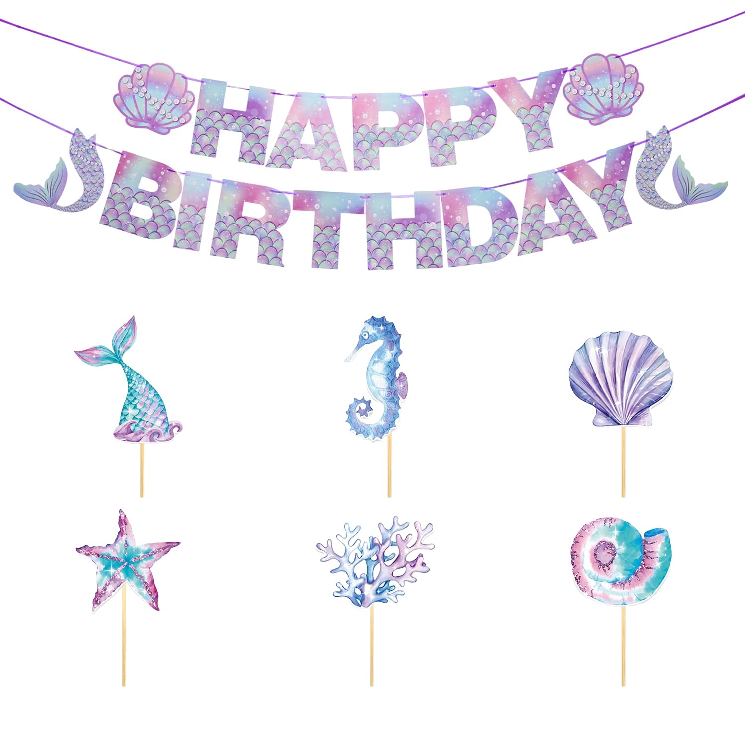 Gdfhbd Purple 1 Birthday Banner And 6 Cake Card Inserts, Creative Fun Decorations, Marine Themed Decorations, Party Scene Arrangement.