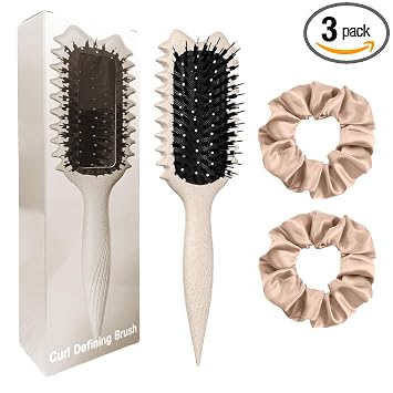 Curly Hair Brush Boar Bristles Curl Defining Brush With 2 Psc Silk Scrunchies Detangling Brush For Curly Hair Detangling Brush Styling Comb Curling Curling Brush Beige