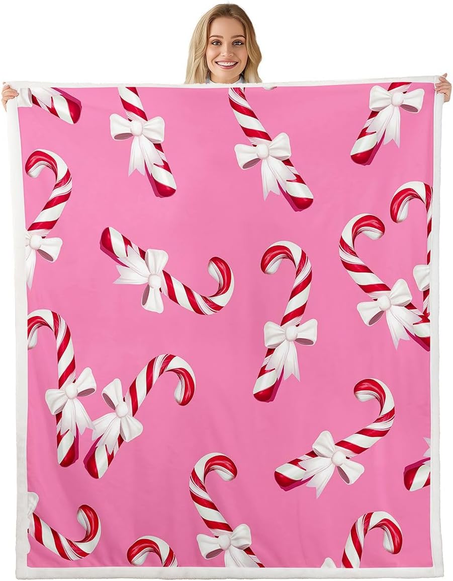 Erosebridal Xmas Candy Cane Fuzzy Plush Throw for Kids Toddler Girls - New Year Gift Fleece Blanket Kawaii White Bow Christmas Sherpa Blanket,Xmas Cane Stripe Decor for Bed Couch Baby 30"x40"