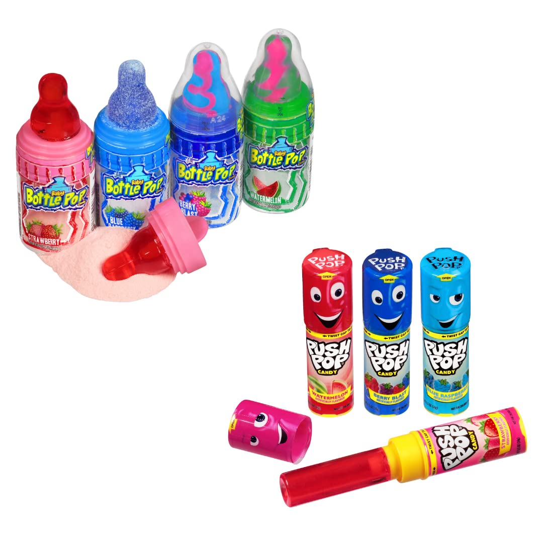 Push Pop Party Pack - 10 Count Lollipop Suckers + Baby Bottle Pop Party Pack - 10 Count Lollipops w/Powdered Sugar Dip – Bulk Variety of Individually Wrapped Lollipops in Assorted Flavors