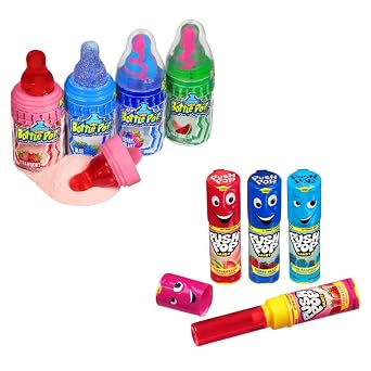 Push Pop Party Pack - 10 Count Lollipop Suckers + Baby Bottle Pop Party Pack - 10 Count Lollipops w/Powdered Sugar Dip Bulk Variety of Individually Wrapped Lollipops in Assorted Flavors