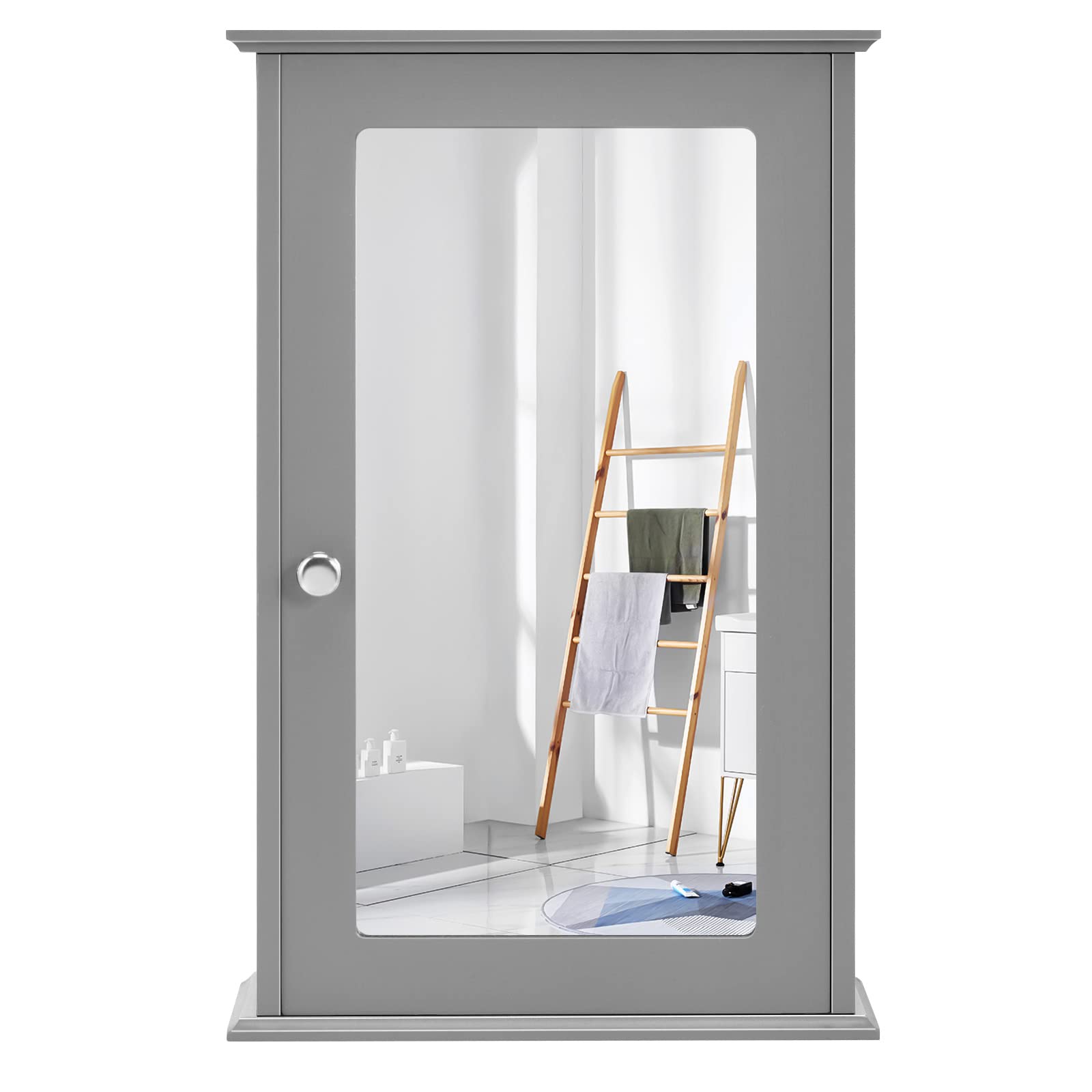 Multigot Bathroom Mirror Cabinet, Wall-Mounted Wooden Storage Cabinet with Adjustable Shelf and Handle, Singe Door Display Organiser Shelving Unit for Living Room Kitchen Hallway (Grey)