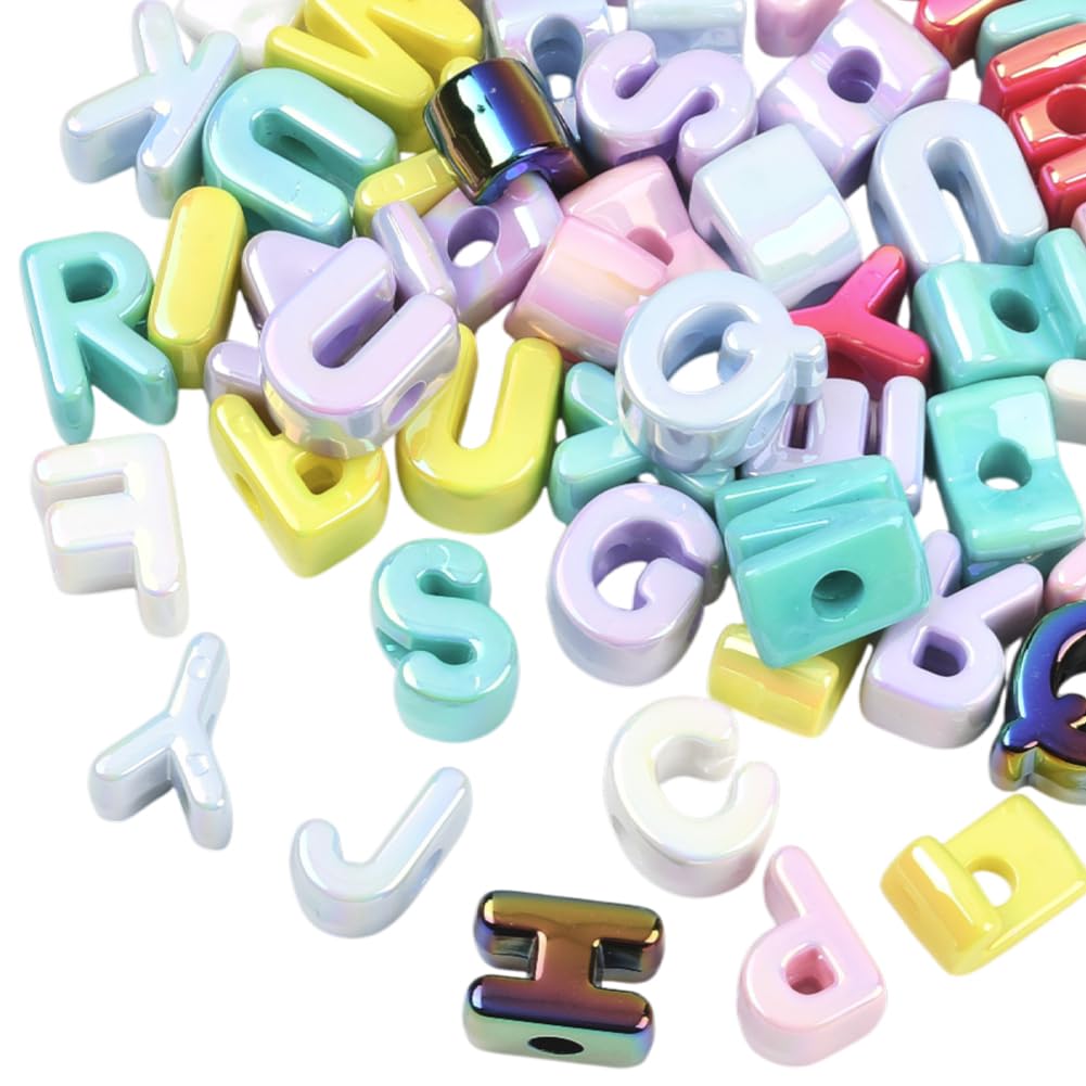 SOFPLATE 50Pcs Acrylic Letter Beads Large Alphabet Bead Bulk Random Chunky Capital Letters Iridescent UV Plated Initial Loose Spacer for Jewellery Making Keychain Bracelets Earrings Crafts Bag Decor