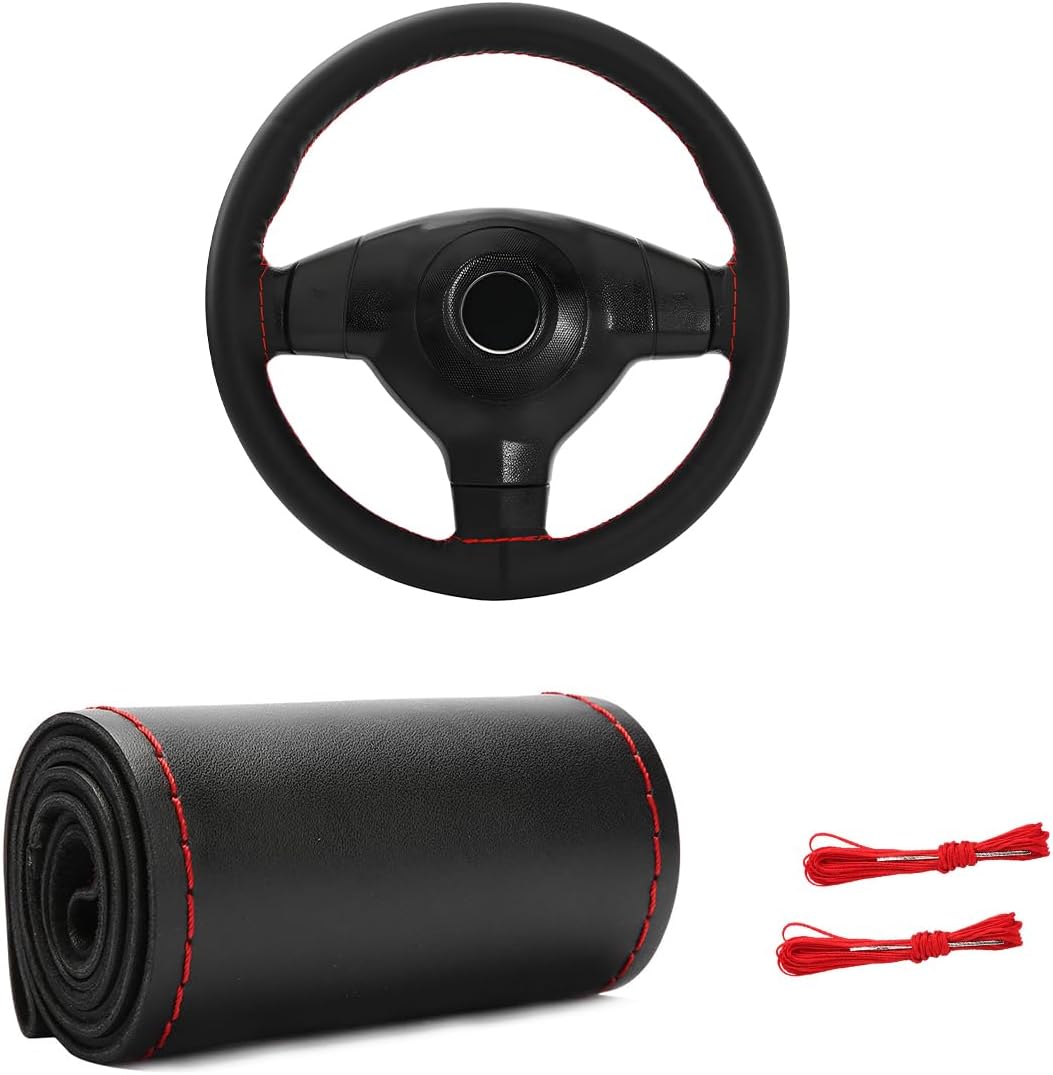 Genuine Leather Steering Wheel Cover, Stitch On Wrap for Steering Wheel up to Diameter 15 Inches, DIY Sewing Steering Wheel Protector, Car Accessories (Black & Red, Glossy)