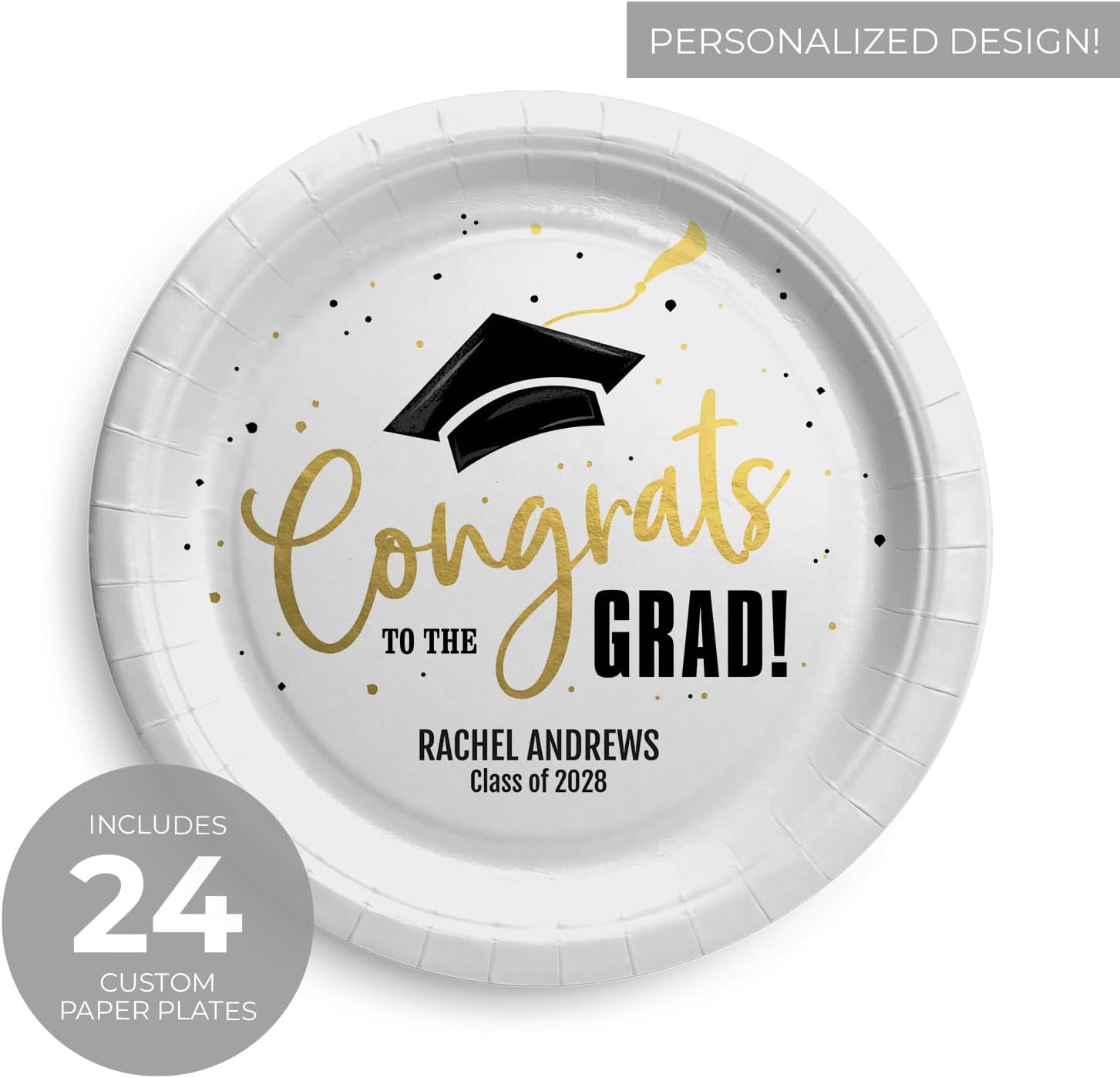 Canopy Street Personalized Congrats To The Grad Paper Plates / 24 Congratulations Graduation Dessert Plates/Custom Round 7 1/2" Diameter Black And Gold Party Plate/Made In The USA