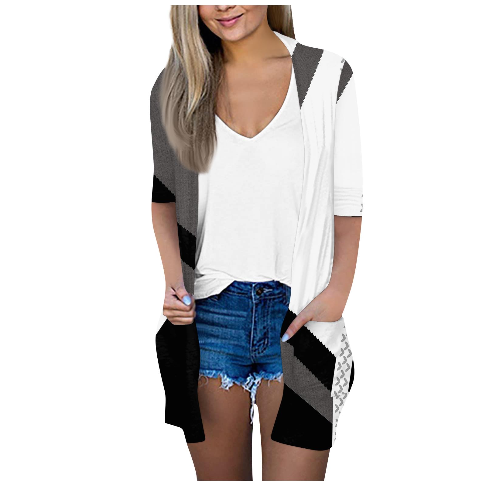 Cardigan for Women Solid Color 3/4 Sleeve Open Front Cardigan Casual Trendy Flowy Lightweight Jacket with Pocket