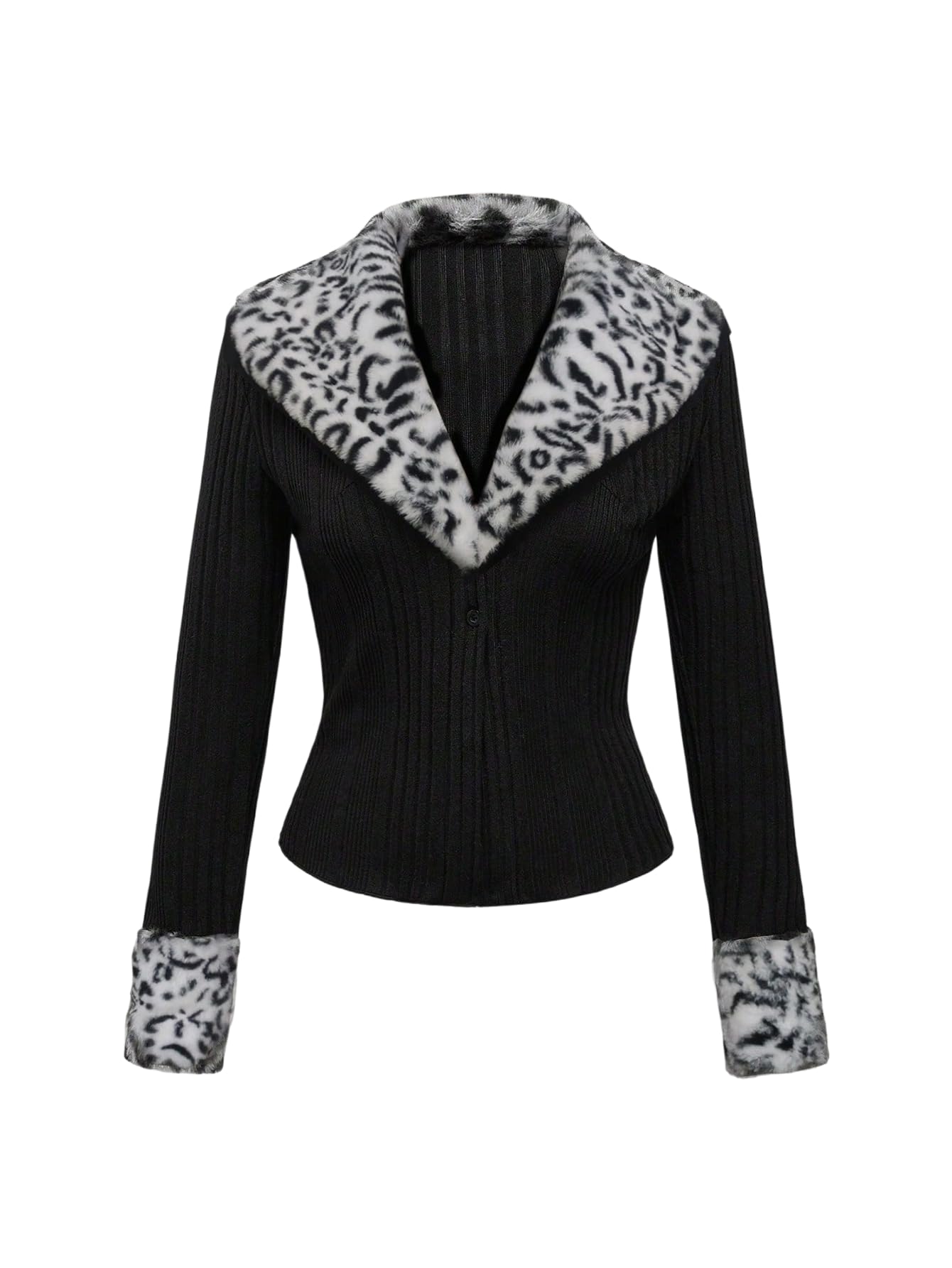 WDIRARA Womens Y2k Leopard Faux Fur Trim Coat Long Sleeve Button Down Knit Outerwear Clubwear