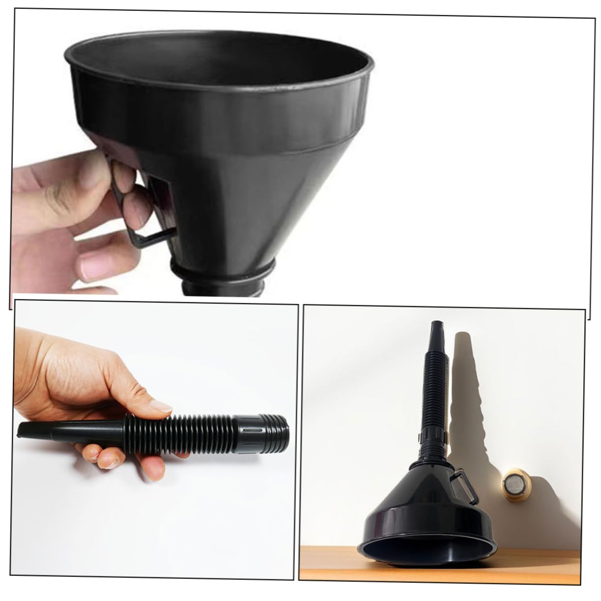 Embudo de Gasolina Multifunción 165mm Manguera, 2 Piezas | Plástico Negro, Boca Ancha Alargada, Uso Automotriz, para Trasvase de Fluidos y Repostaje Rápido