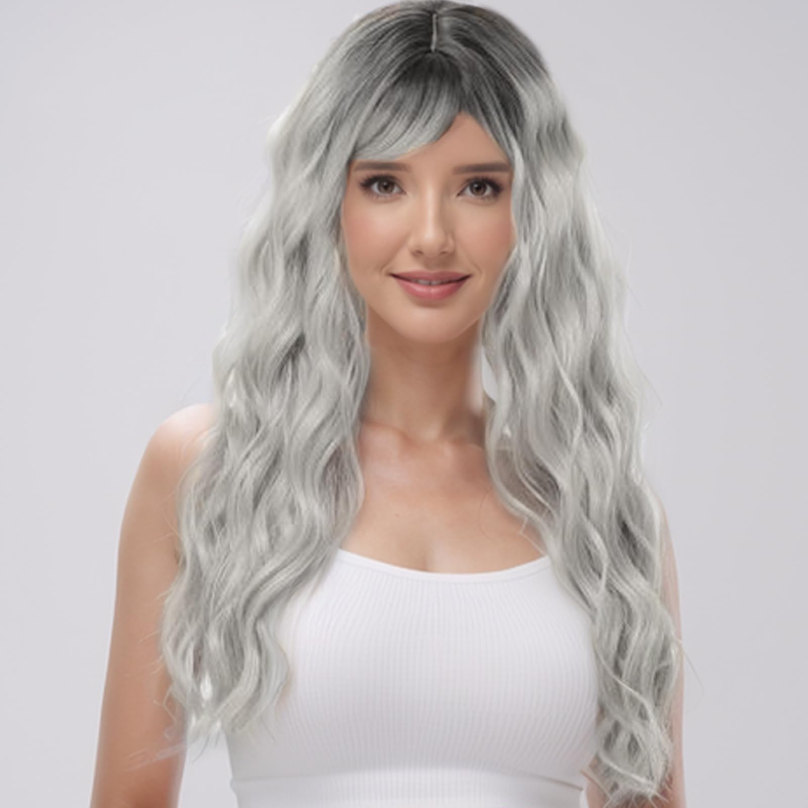 BUYOGET Long Curly Wavy Ombre Silver Wig with Fringe Adjustable 24 Inch Synthetic Cosplay Daily Hair Wigs for Women