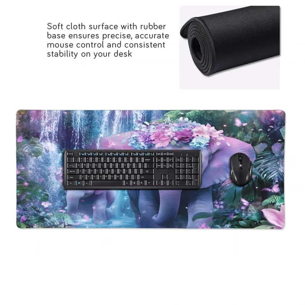 Tappetino Mouse XXL 1200x600mm Elefante Grande Mouse Pad, Tappetino Scrivania con Bordi Cuciti, Grande Mousepad Gaming con Base Antiscivolo per Giocatori, Ufficio e Casa (Cascata Fiore) -MP1564