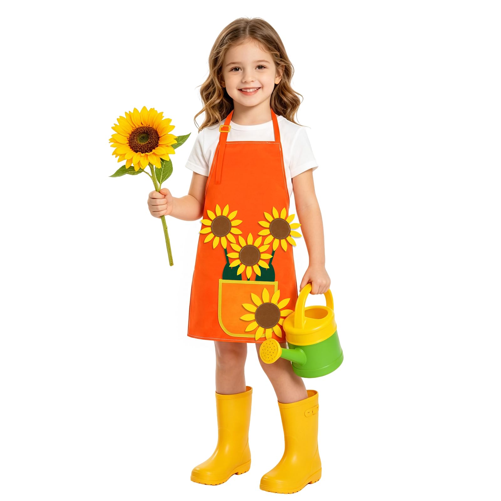 AYBUY Kids Aprons, Adjustable Sunflowers Children's Apron with Pockets, Cartoon Style Child Chef Aprons, Children Kitchen Apron for Painting Baking Artist and Gardening（Style C, Orange）