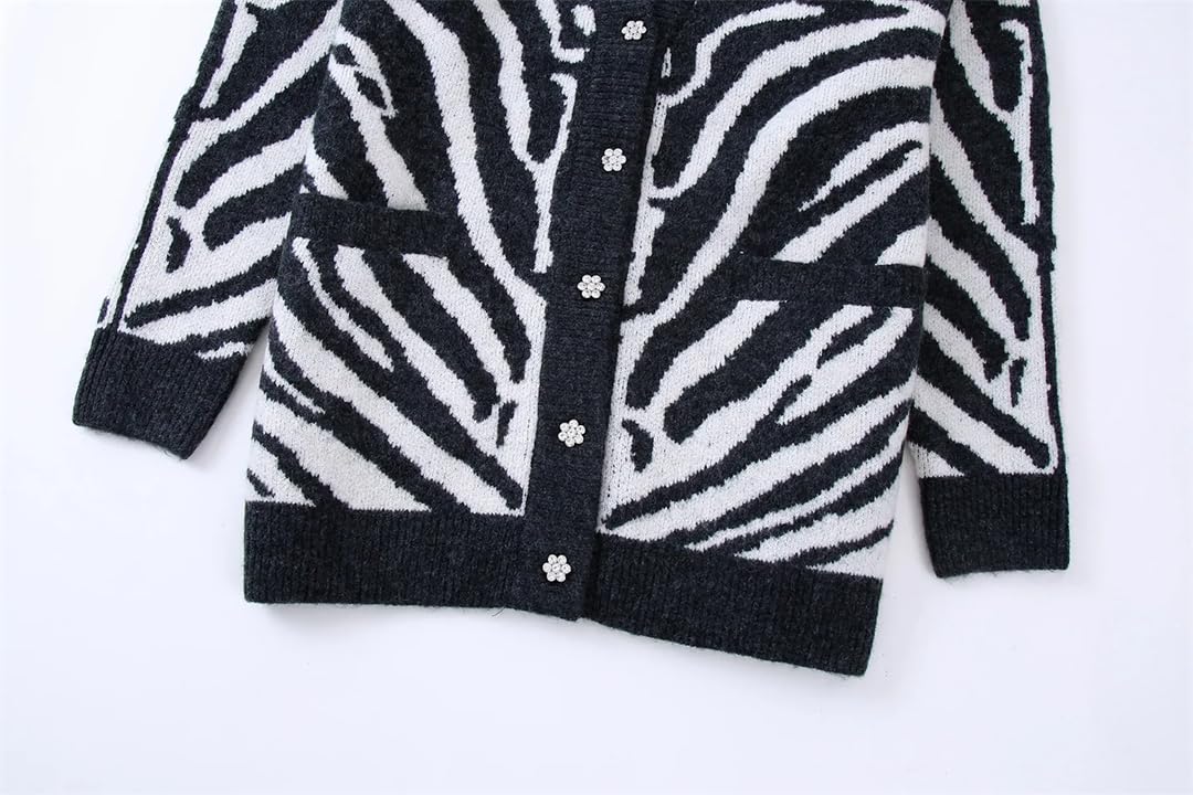Disimlarl Chaqueta de punto con estampado de cebra para mujer, cuello en V, holgada, de manga larga, abrigo chic femenino