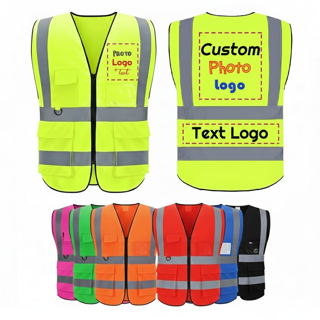 AESTHESTIFY Custom Reflective Safety Vest Bulk for Women Men with Logo - Personalized High Visibility Security Vests Picture Text, Pockets and Zipper