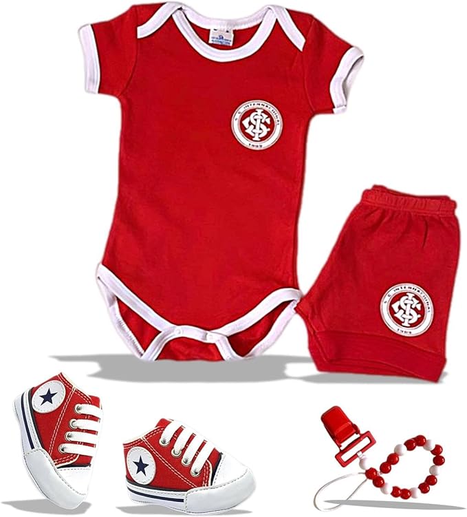Conjunto 4 Pecas Bebe Internacional: Body + Shorts + Tenis + Prendedor