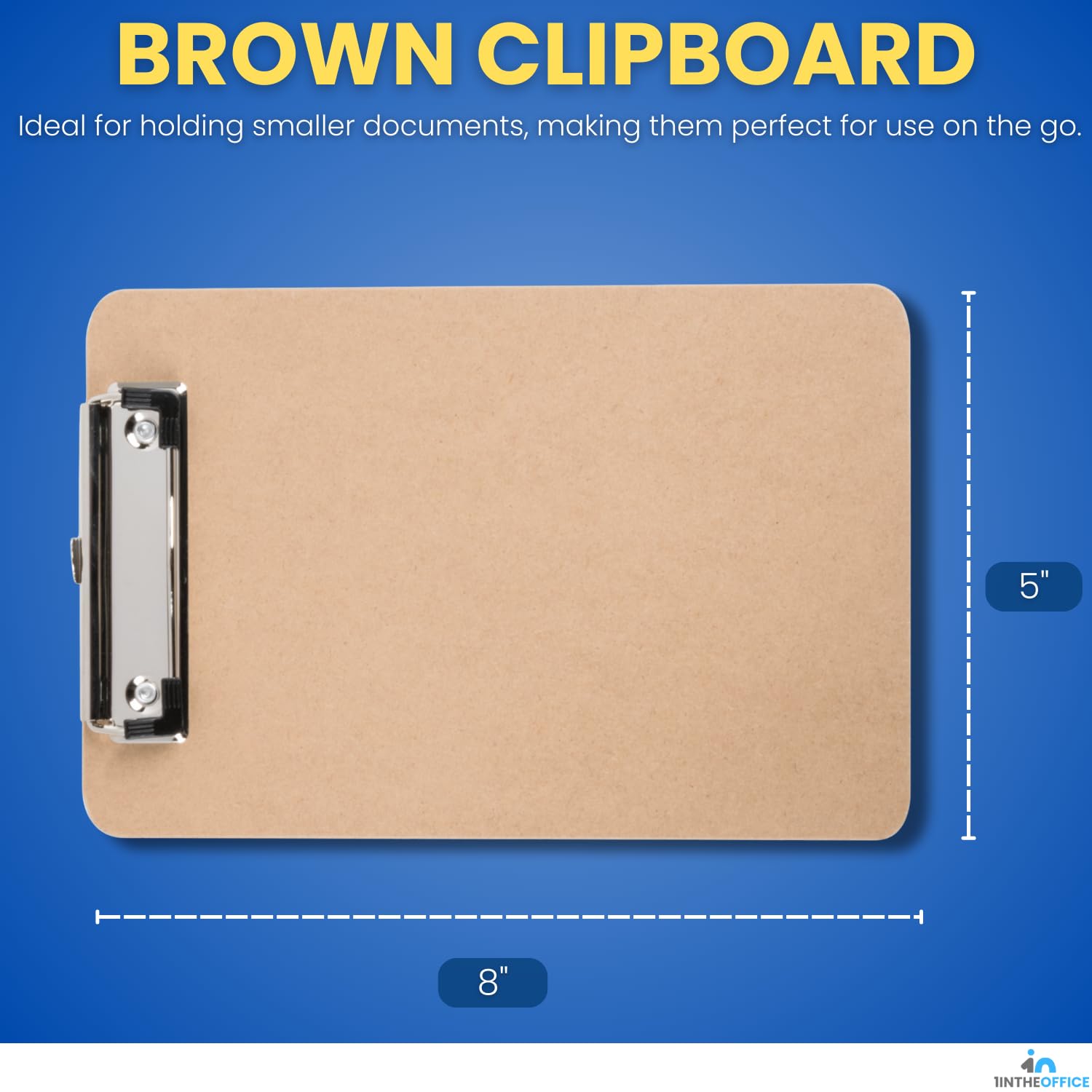 1InTheOffice Portapapeles de tablero duro con clip de perfil bajo, capacidad de clip de 0.5 pulgadas, capacidad para 5 x 8 hojas, marrón, paquete de 6