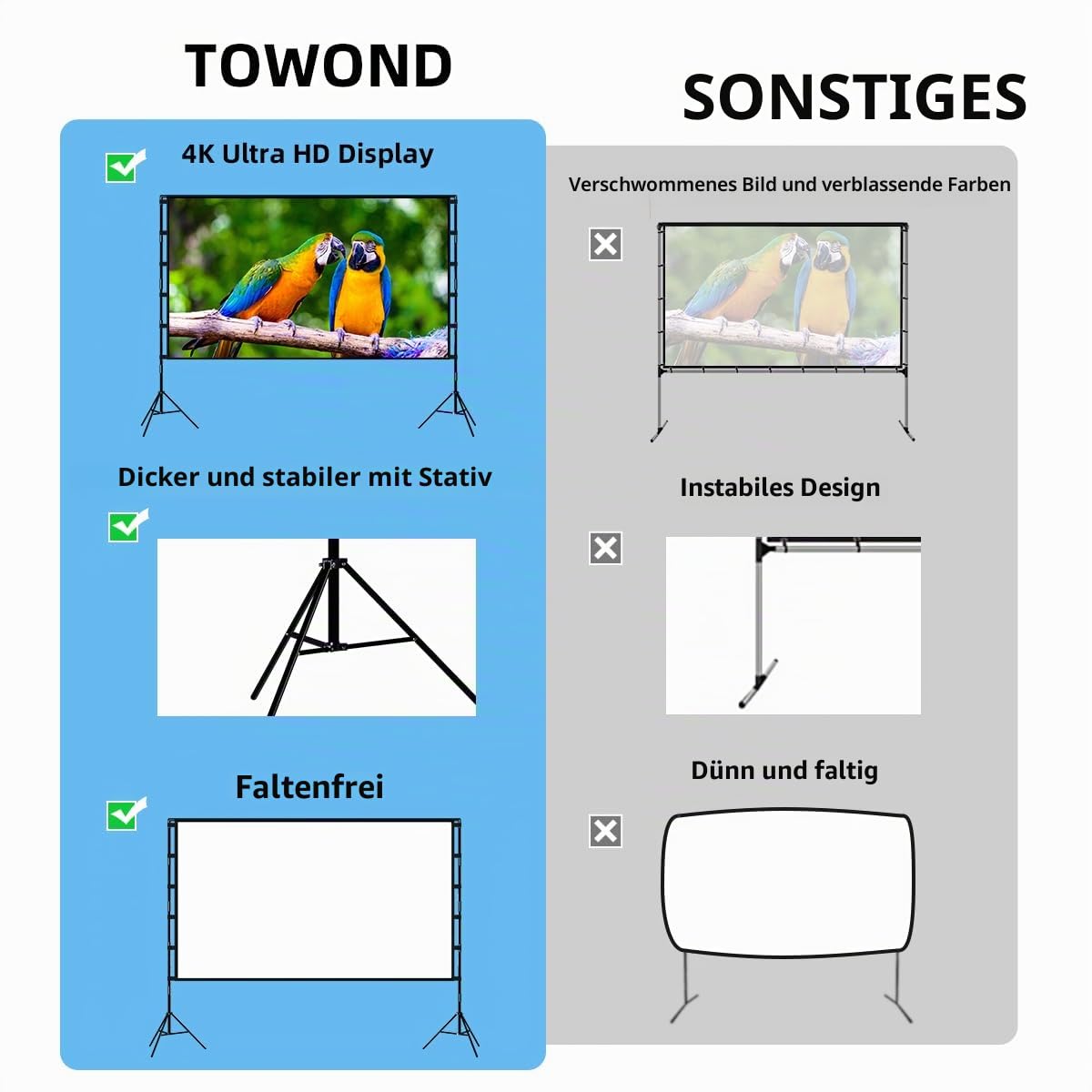 TOWOND Projektor-Leinwand und Ständer, 120 Zoll tragbare Projektionsleinwand für drinnen und draußen, 16:9, 4K HD, faltenfrei, leichte Filmleinwand mit Tragetasche für Hinterhof-Filmabend