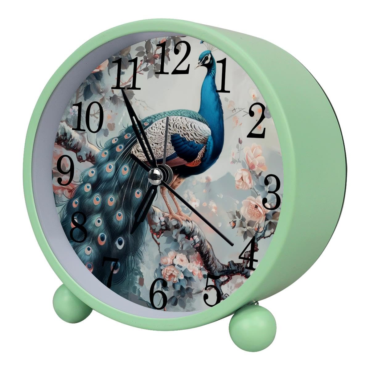 Luoweisi Alarm Clock Peacock Flower, Silent Non-Ticking with Night Light