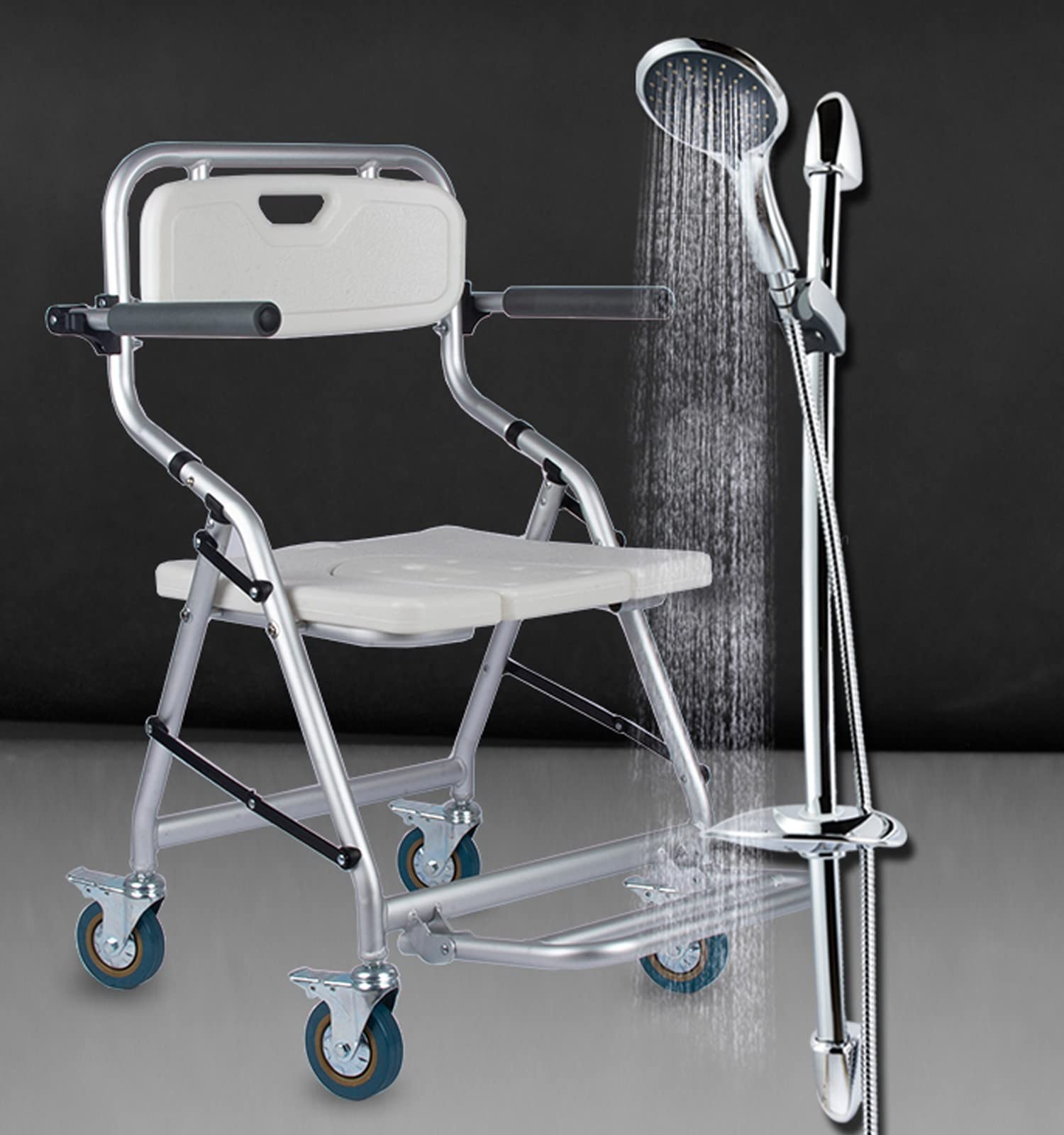 Taburete de Ducha Plegable Silla de Ducha con Ruedas para Personas Mayores y Discapacitados, Taburete Ducha Antideslizante con Freno y Respaldo, Silla de Inodoro - Carga 120kg