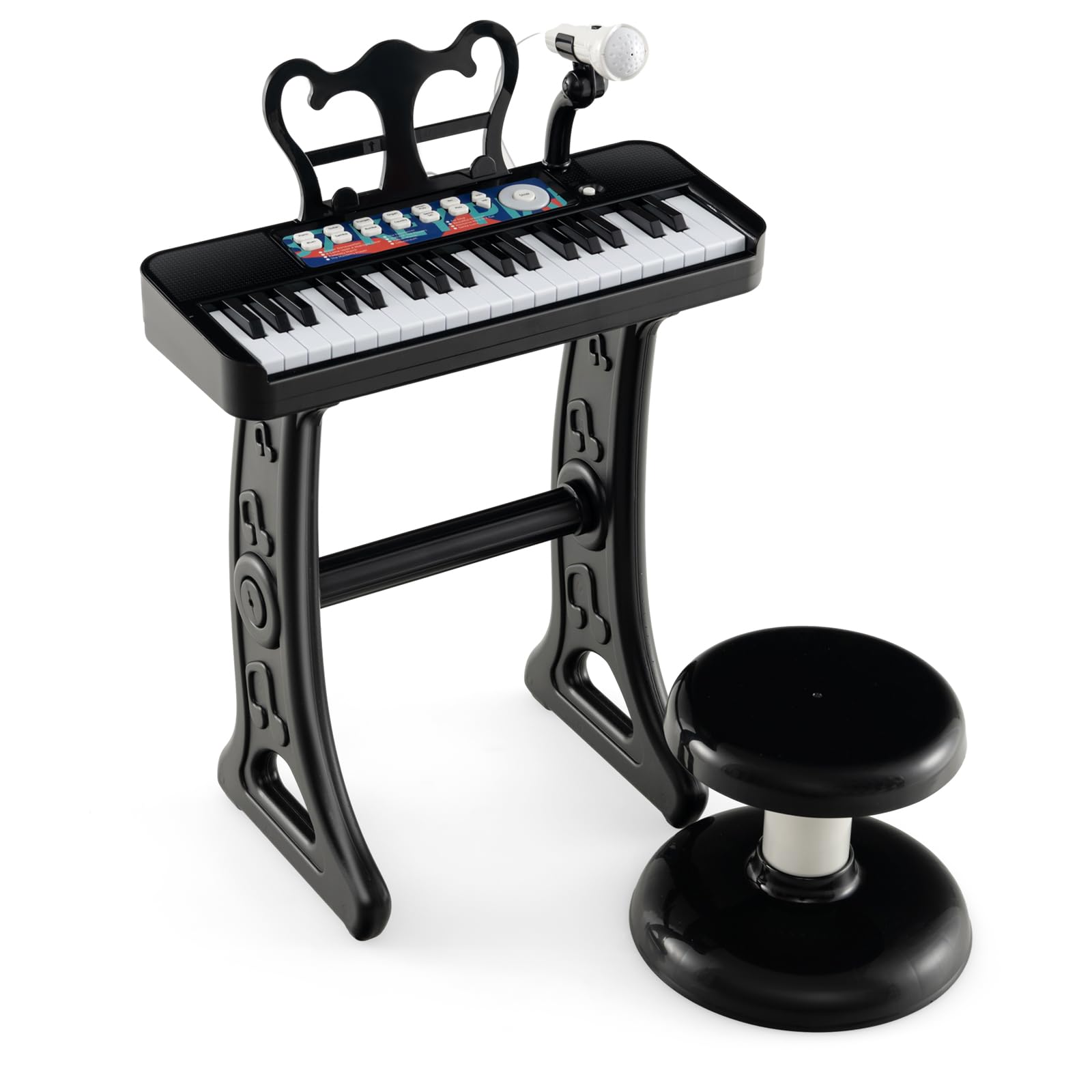 GOPLUS - Piano infantil de 37 teclas con atril y taburete a juego, juguete teclado de piano infantil con micrófono ajustable, 15 volúmenes ajustables y 4 tonos, carga 50 kg (negro, 37 teclas)