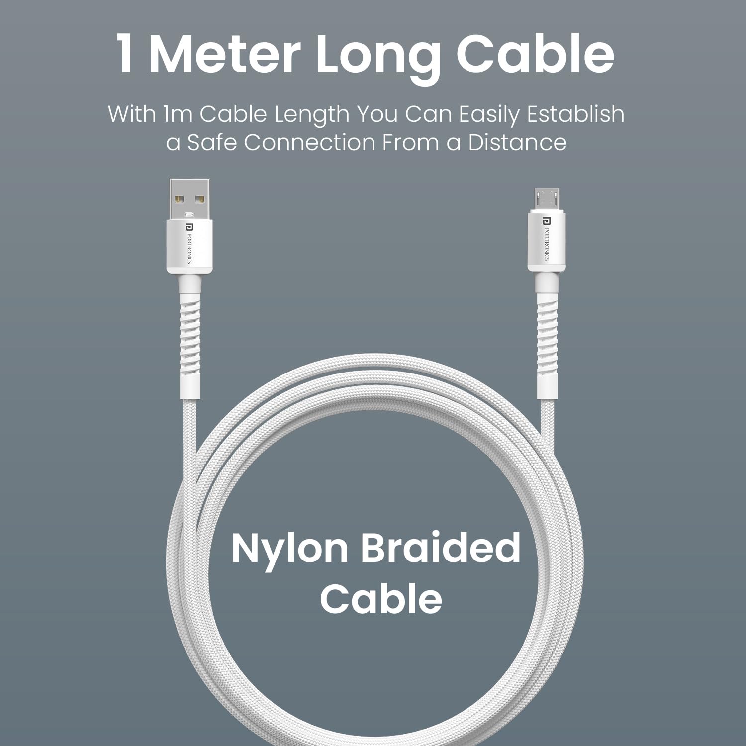 Portronics Konnect X USB-A to Micro USB Fast Charging Cable With Max 3A Output,Fast Charging & Data Transfer, Nylon Braided, Aluminium Alloy Shell, 1M Length compatible with Micro usb Devices(White) — Amazon image 6