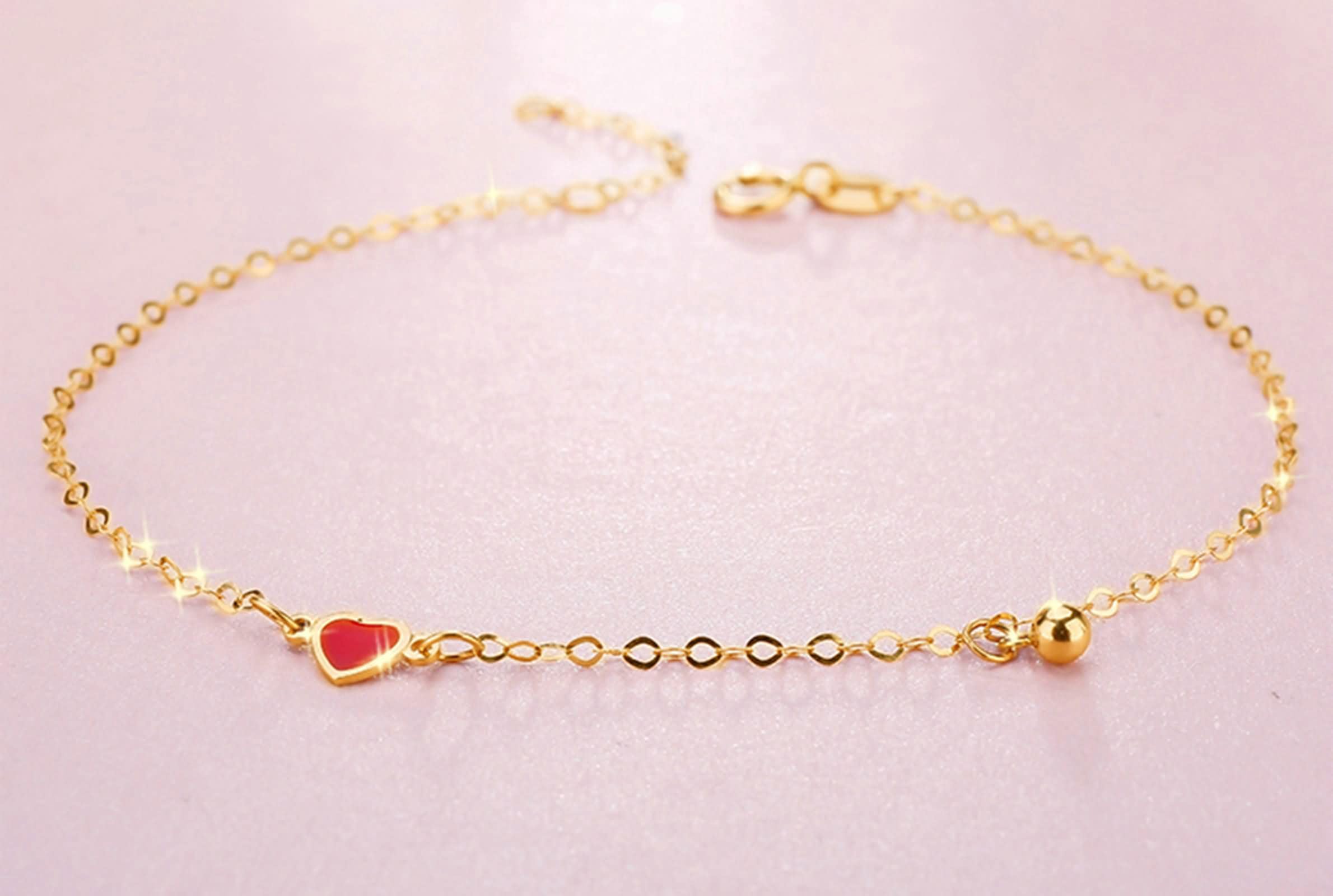 Bracciale Charm Oro Giallo 9 Kt / 14 Kt / 18 Kt per Donna, Catena con Cuore e Perlina, Regolabile 16 CM + 5 CM, Braccialetto Donna Oro