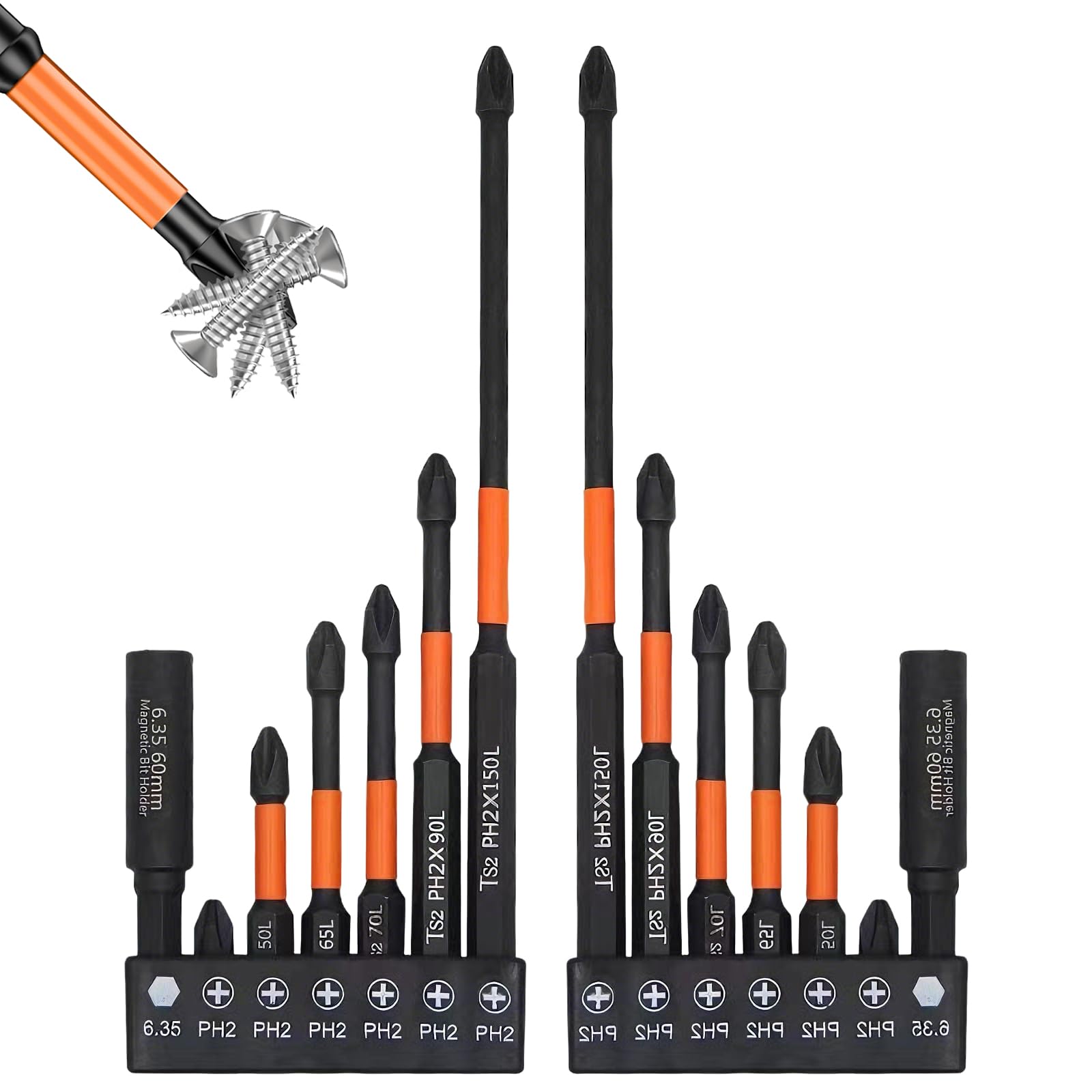 Rthynti 12 Pcs Screwdriver Driver Bits Set, Magnetic Impact Driver Bits With Extension, Impact Driver Bits Phillips Screw Accessories (25Mm/50Mm/65Mm/70Mm/90Mm/150Mm)