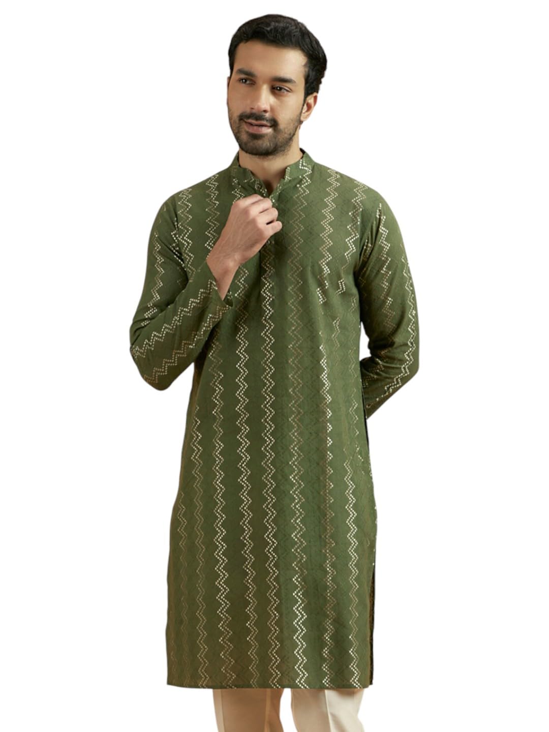 KISAH Men's Olive Green Cotton Blend Lappet Kurta – Regular Fit with Mandarin Collar|Traditional Ethnic Festive Wear