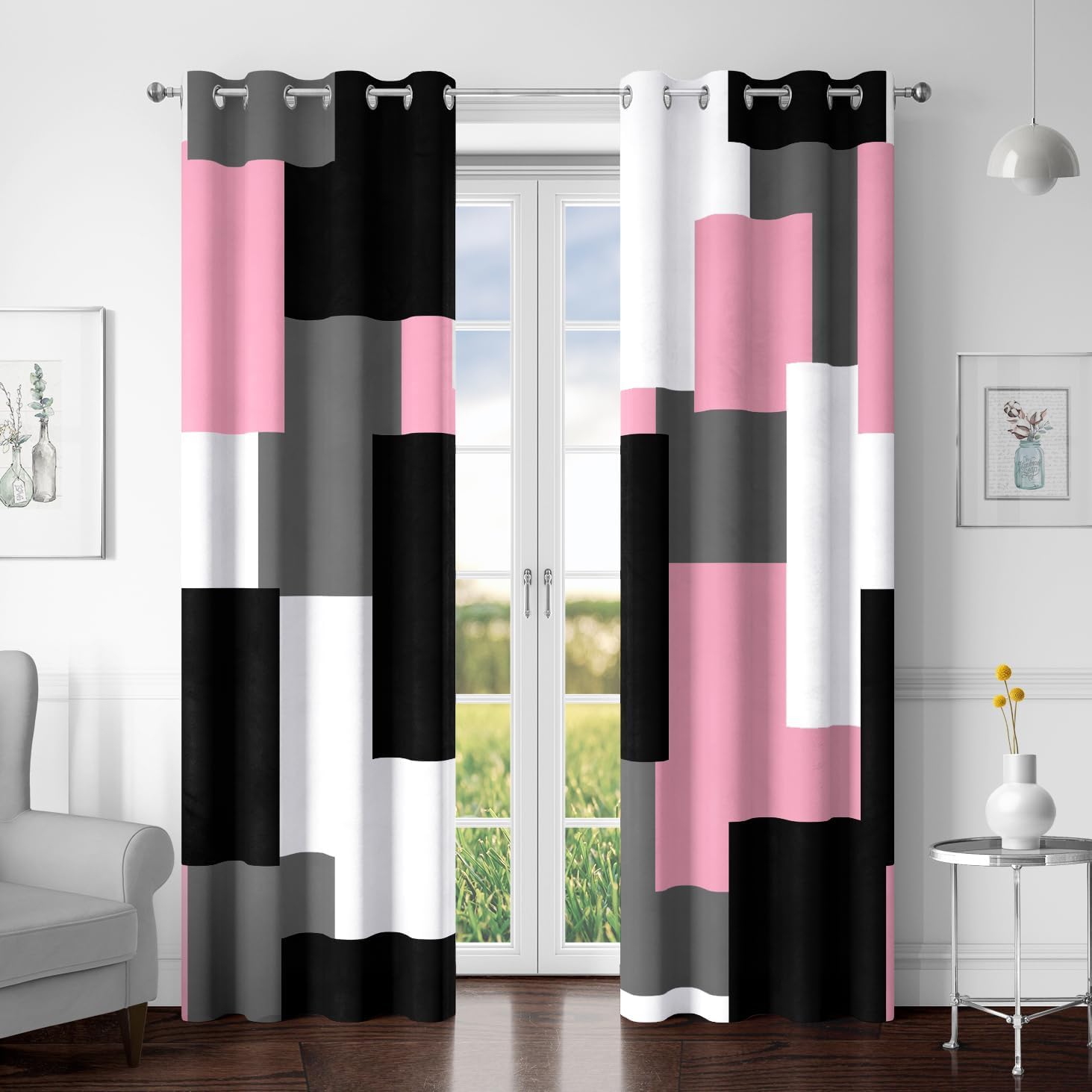 Tyrot Pink 100% Blackout Curtains for Bedroom 84 inch Length 2 Panels Set White Grey Modern Abstract Geometric Black Out Curtains Insulated Room
