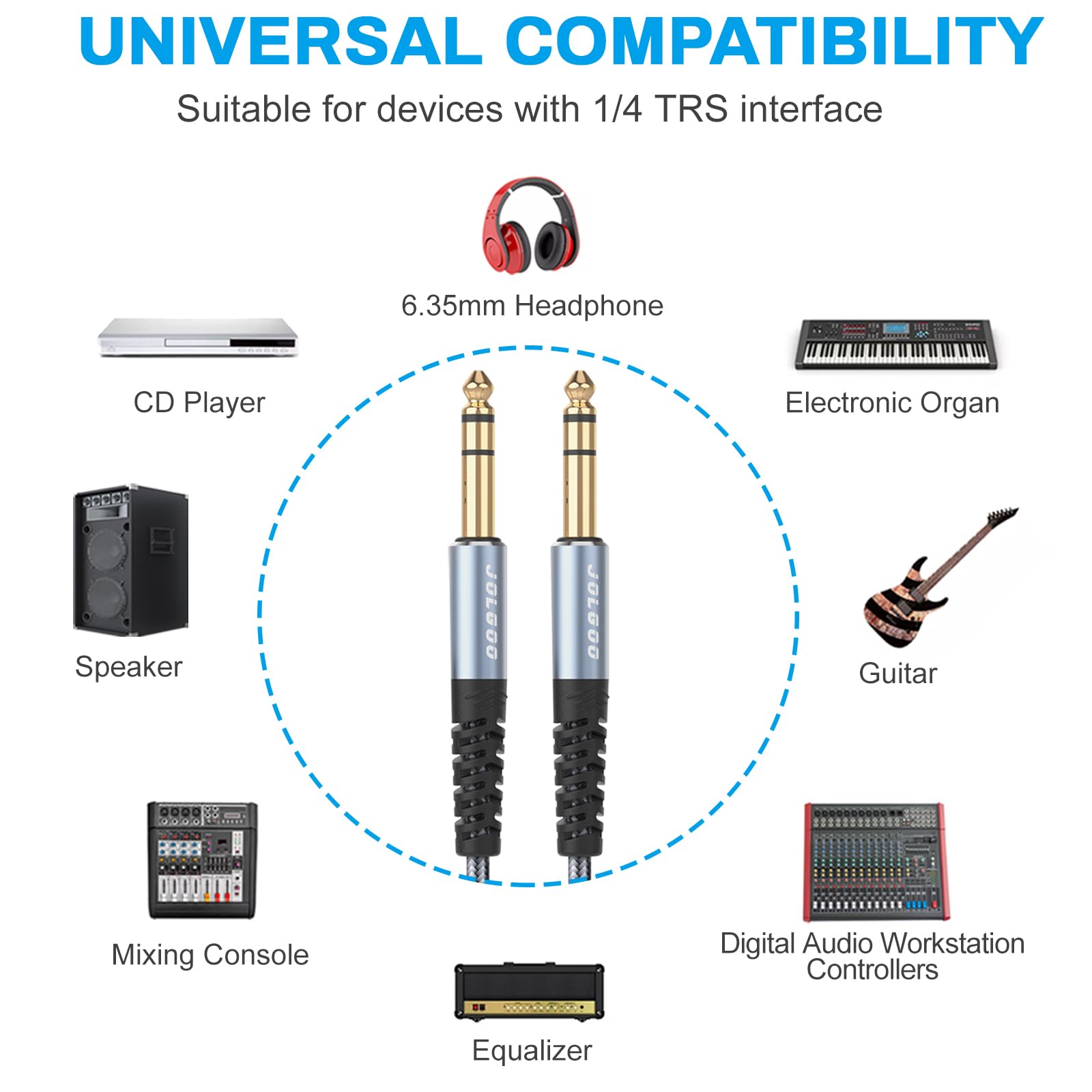 JOLGOO 1/4 Inch TRS Instrument Cable 2-Pack, Quarter inch Audio Cable - Image 2