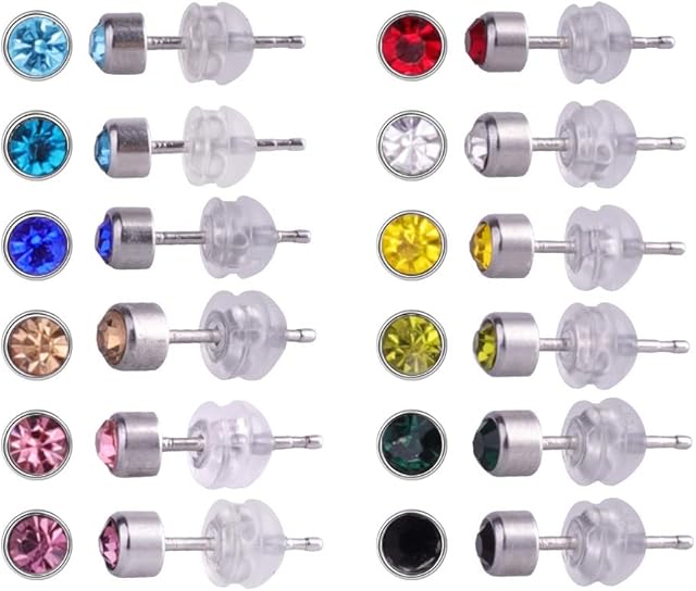 12 Pairs Stainless Steel CZ Stud Earrings for Women, Cubic Zirconia Stud Earrings Set, Birthstone Stud Earrings with Soft Clear Silicone Earring Backs 3mm, 4mm, 5mm