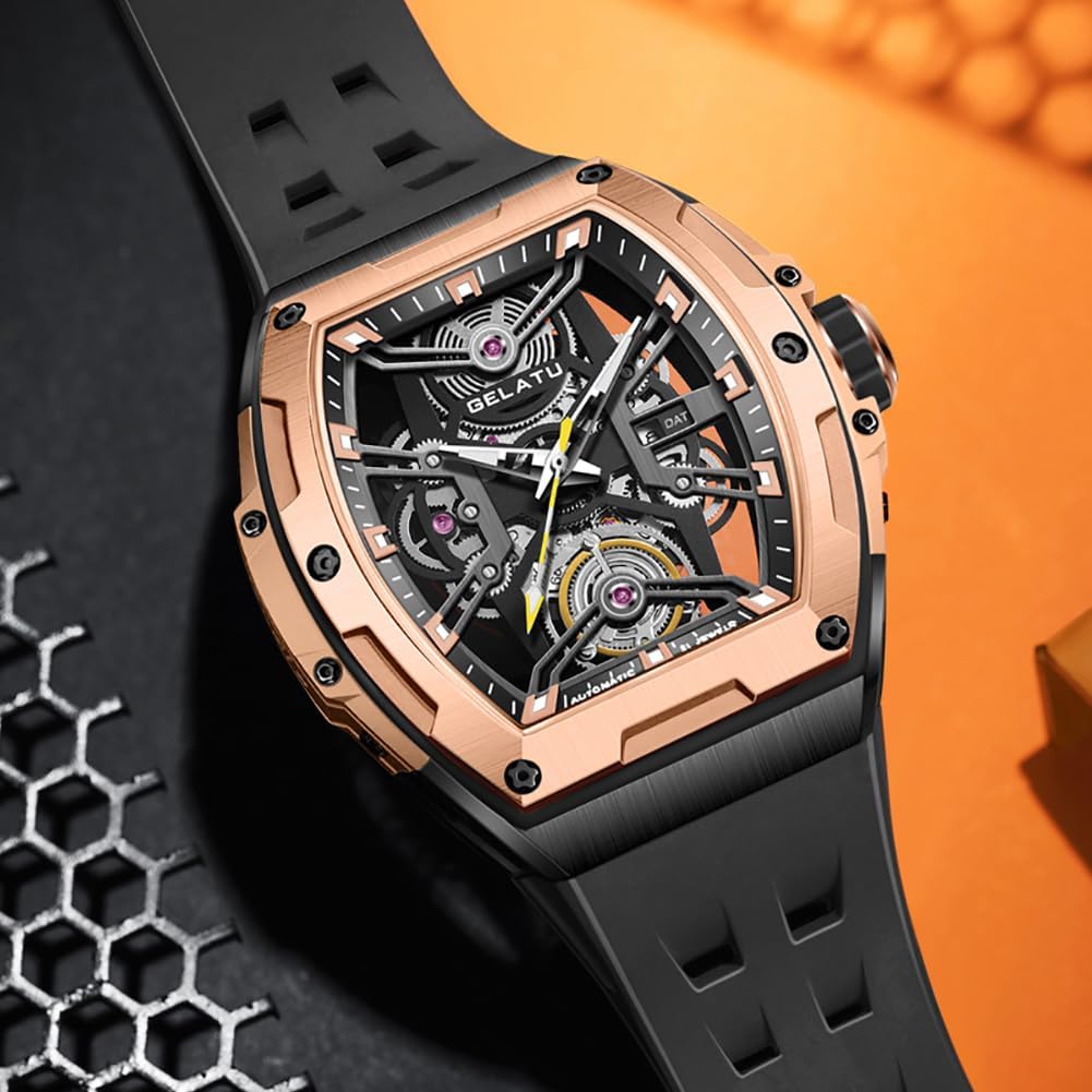 OLEVS Luxus-Uhren für Herren, schwarz, mechanische Armbanduhr, selbstaufziehend, automatische Tourbillon-Uhren, Skelett, wasserdicht, Herren-Armbanduhr