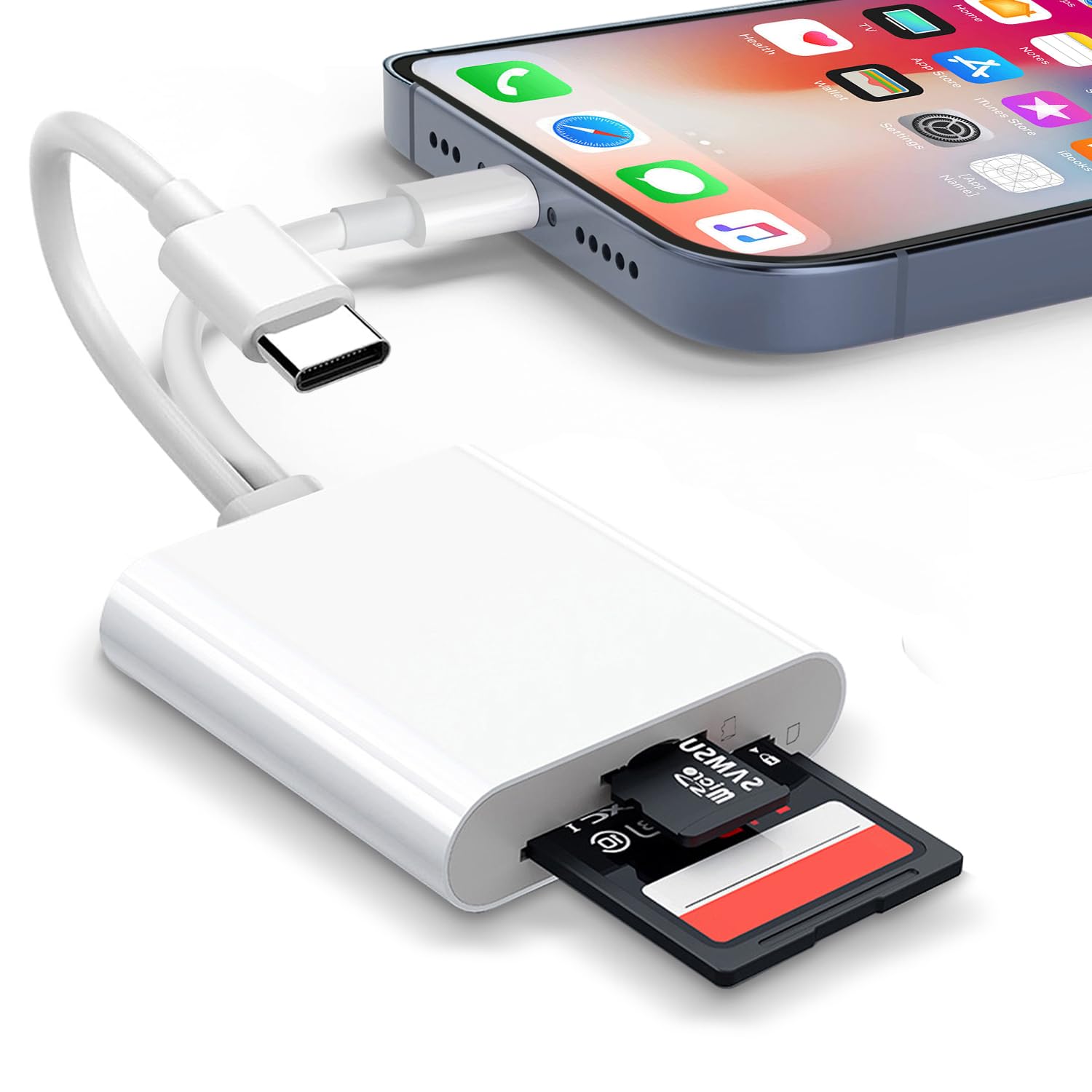 USB C SD Card Reader, Type C Card Reader with Dual Slot Memory Card Reader Trail Camera Viewer USB C to SD Card OTG Adapter for iPhone 15 16/iPad/MacBook/Mac, and More Type-C Devices, Plug and Play — view 9