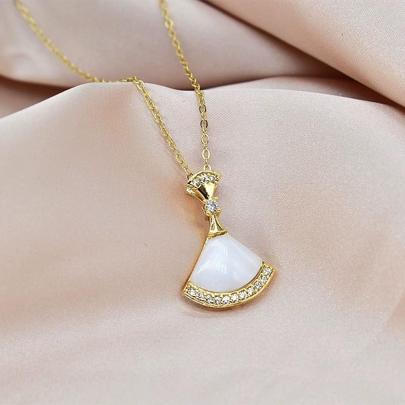 18K Gold Plated Elegant Gold Plated Fan Pendant Necklace for Women – White Shell Inlay with Sparkling Cubic Zirconia, Asian Inspired Design - Image 3