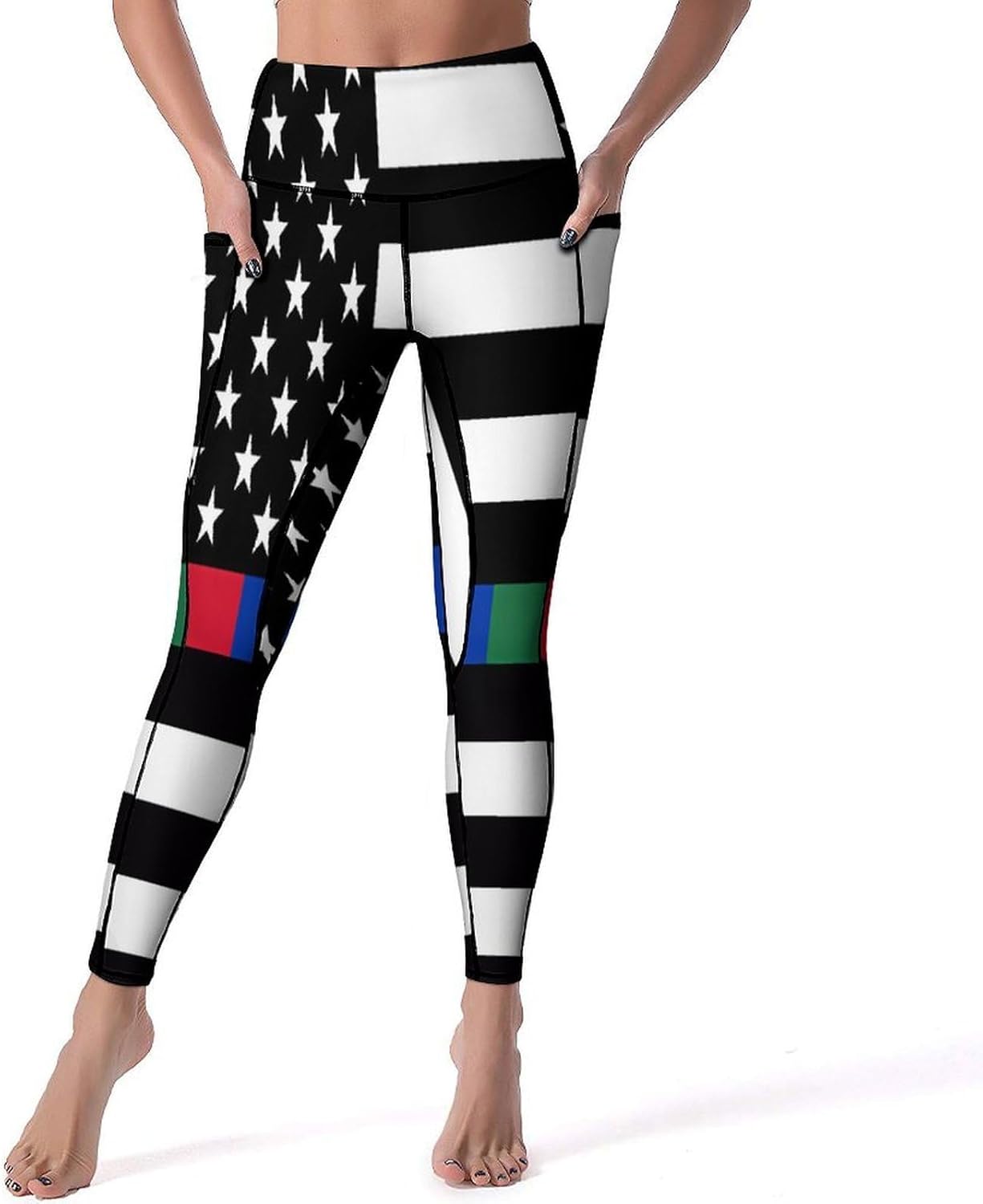 Police and Firefighter U.S.A. Flag High Waisted Leggings for Women with Pockets Athletic Tummy Control Pants