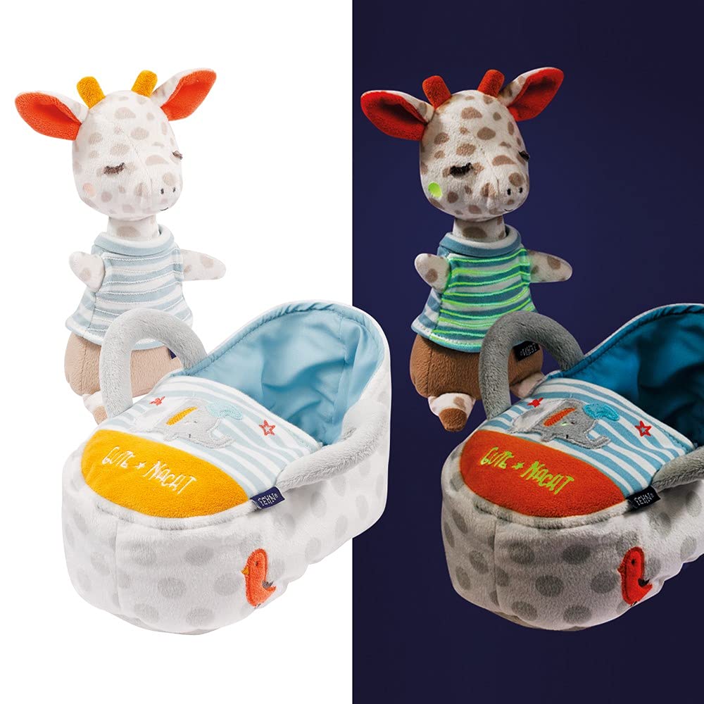 Fehn 053166 - Jirafa de peluche con bolsa de transporte y bordado que brilla en la oscuridad, para bebés a partir de 0 meses, tamaño: 23 cm