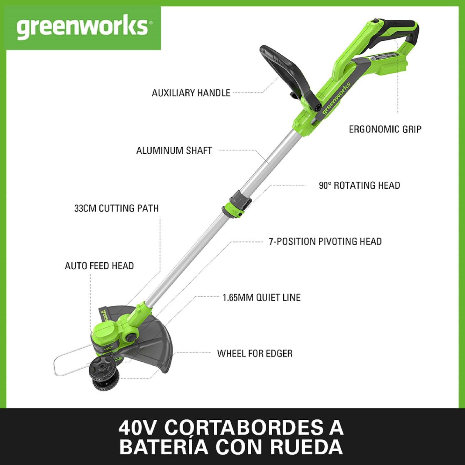 Greenworks 40V Cortabordes a Batería con Rueda para Jardines Pequeños y Medianos, 33 cm Ancho de Corte, Alimentación Automática Hilo Nylon 1,65 mm, SIN Batería ni Cargador(40 V) G40LT33