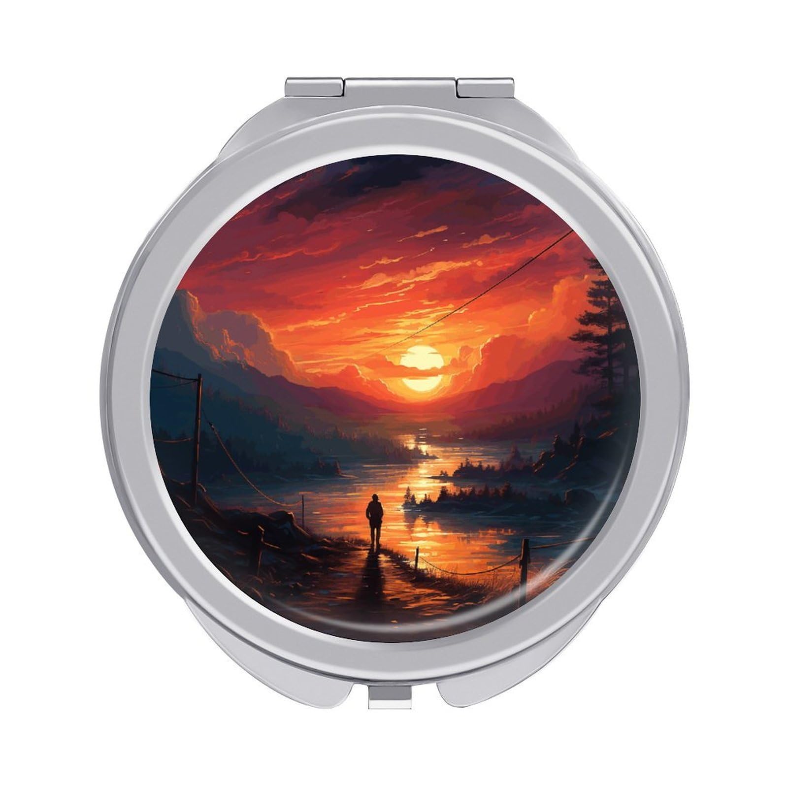 JTREHY Sunset Art Makeup Mirror Portable Folding Mirror Compact Travel Mirrors 2-Sided Round Pocket Mirrors Cute Handheld Beauty Mirror for Handbag Purse for Women Gift
